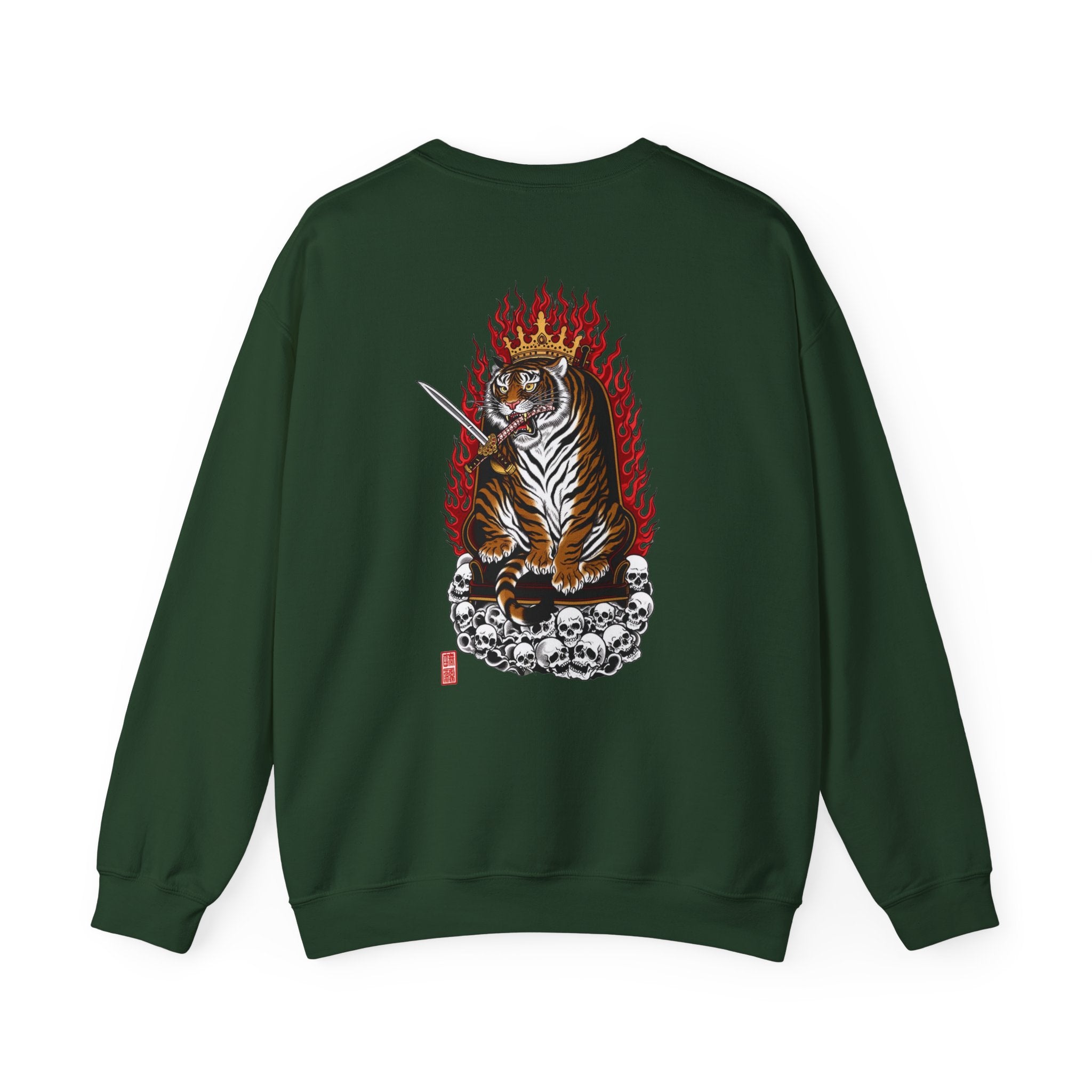 Tiger King Crewneck Sweatshirt — Flaming Tiger on Skulls Graphic