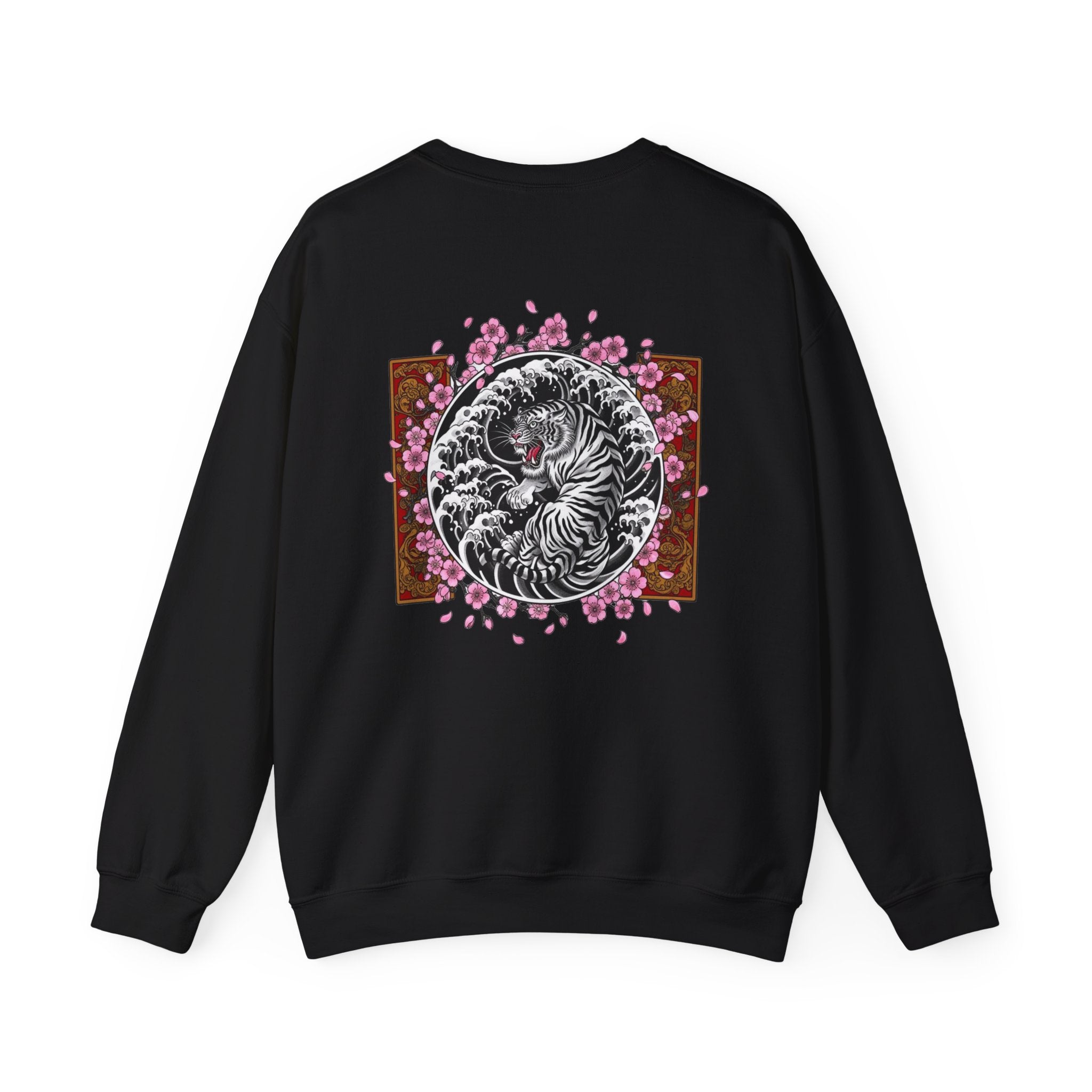 Crewneck Sweatshirt — Yin Yang Tiger with Cherry Blossoms Graphic