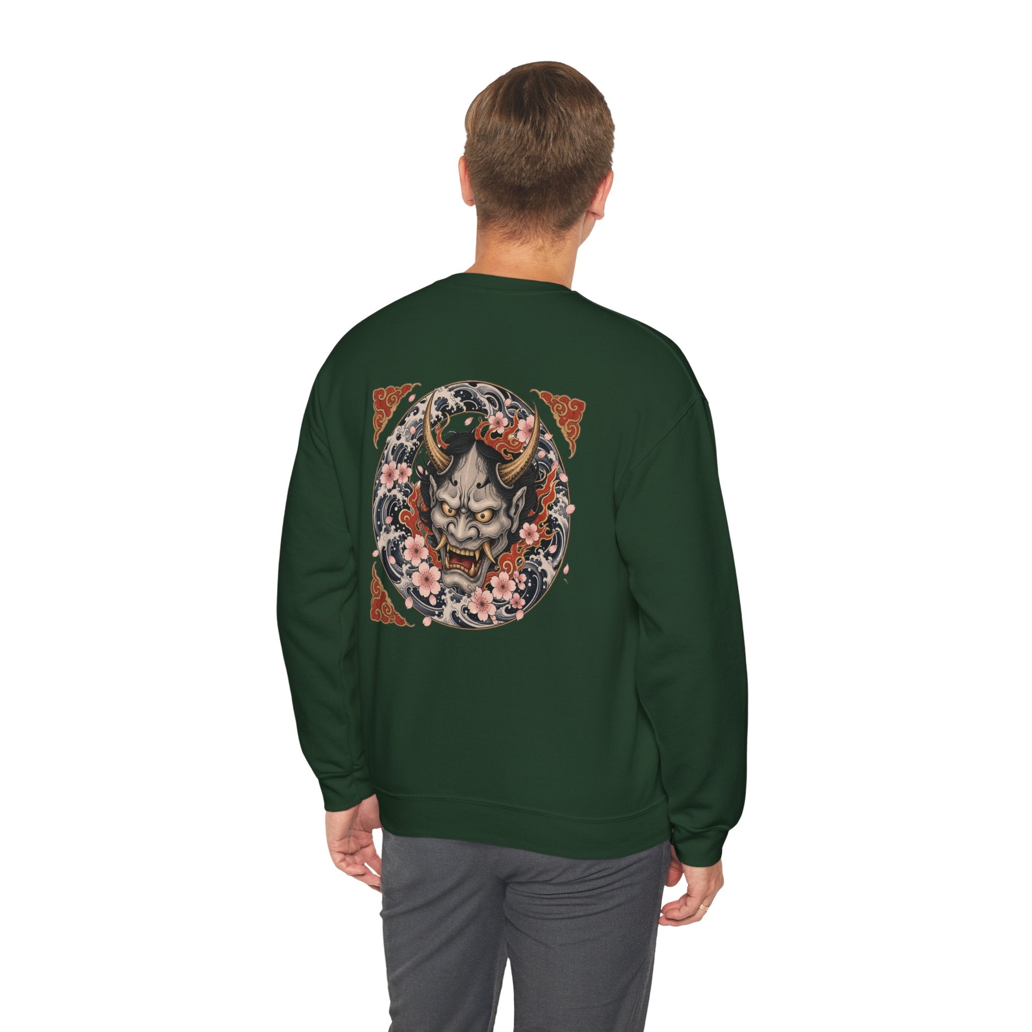 Hannya Mask Crewneck Sweatshirt — Japanese Demon Floral Back Print