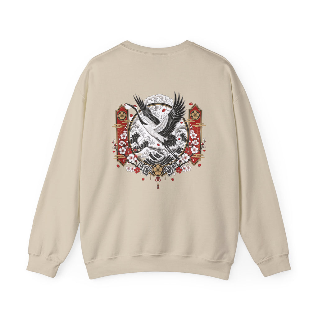 Crane Moon Crewneck Sweatshirt — Japanese-Inspired Crane & Moon Back Graphic