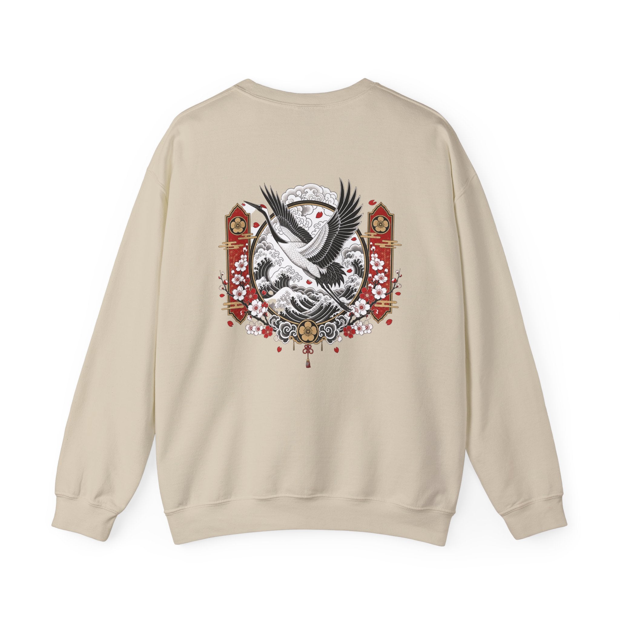 Crane Moon Crewneck Sweatshirt — Japanese-Inspired Crane & Moon Back Graphic