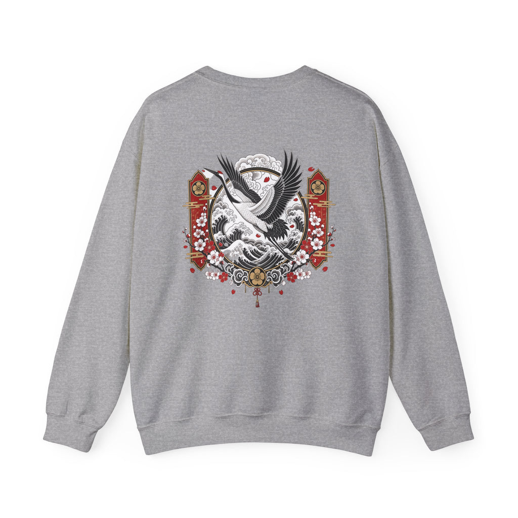 Crane Moon Crewneck Sweatshirt — Japanese-Inspired Crane & Moon Back Graphic