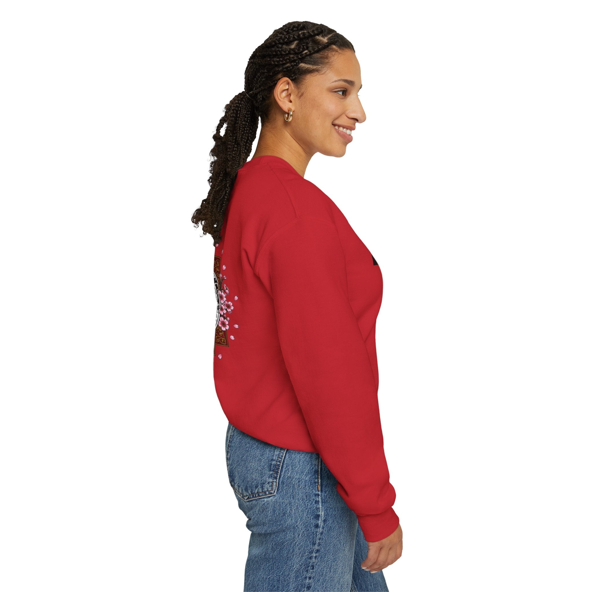 Crewneck Sweatshirt — Koi Fish Cherry Blossom Graphic Back, Minimal Front Logo