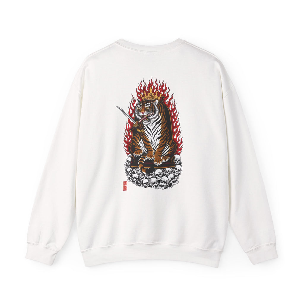Tiger King Crewneck Sweatshirt — Flaming Tiger on Skulls Graphic