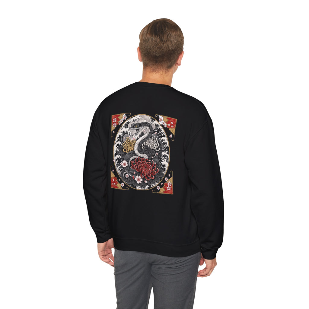 Dragon Circle Crewneck Sweatshirt — Asian-Inspired Snake & Floral Back Graphic