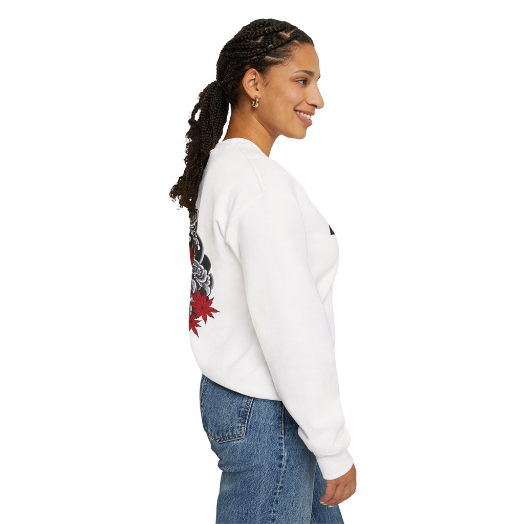 Hannya Demon Crewneck Sweatshirt — Japanese Mask & Maple Leaf Graphic