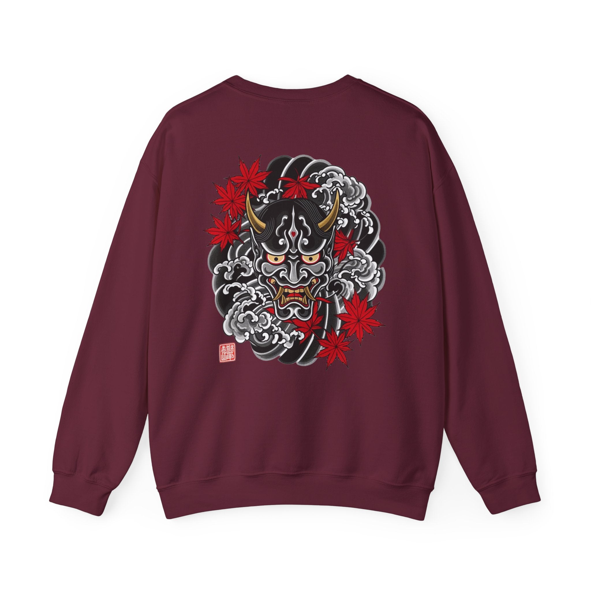 Hannya Demon Crewneck Sweatshirt — Japanese Mask & Maple Leaf Graphic