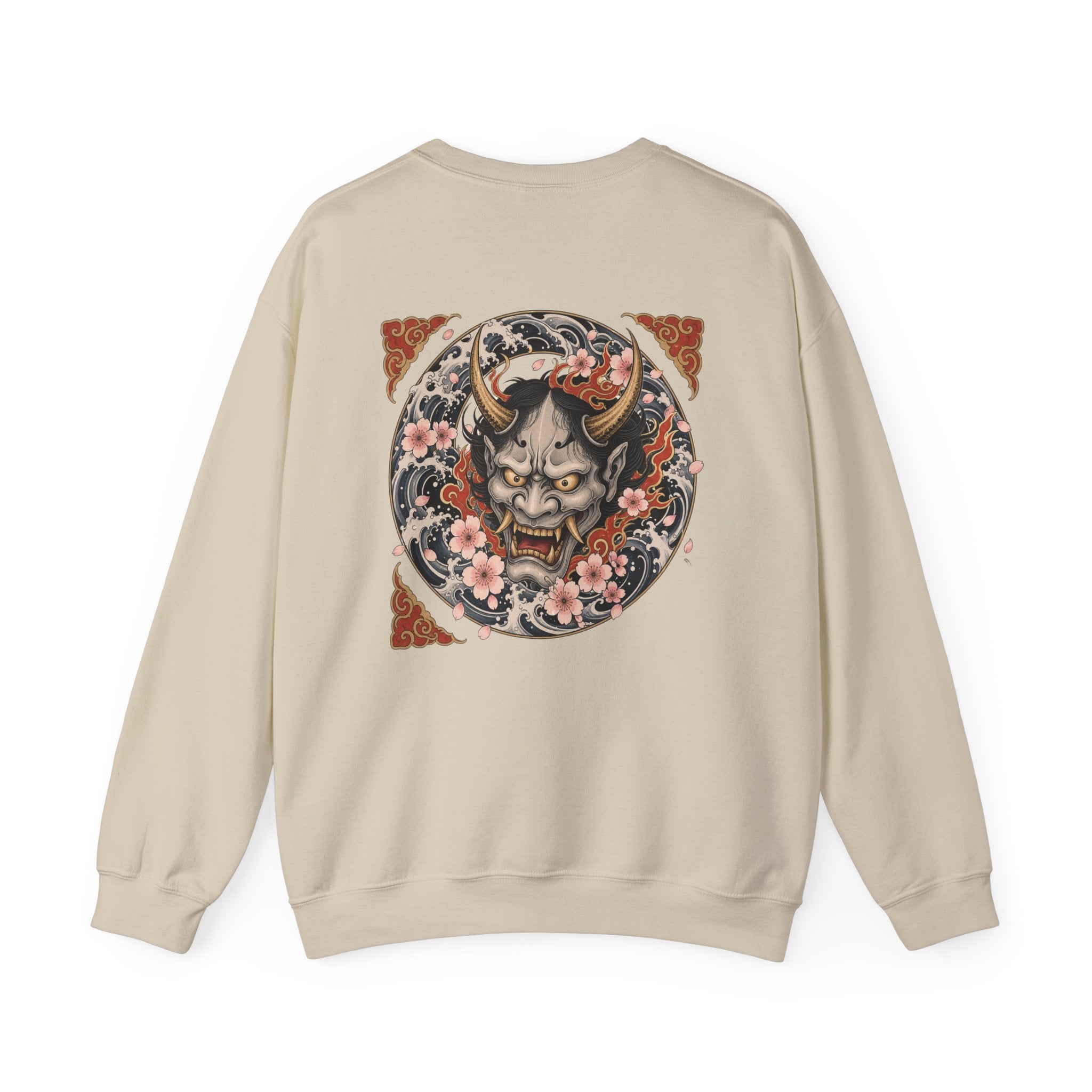 Hannya Mask Crewneck Sweatshirt — Japanese Demon Floral Back Print