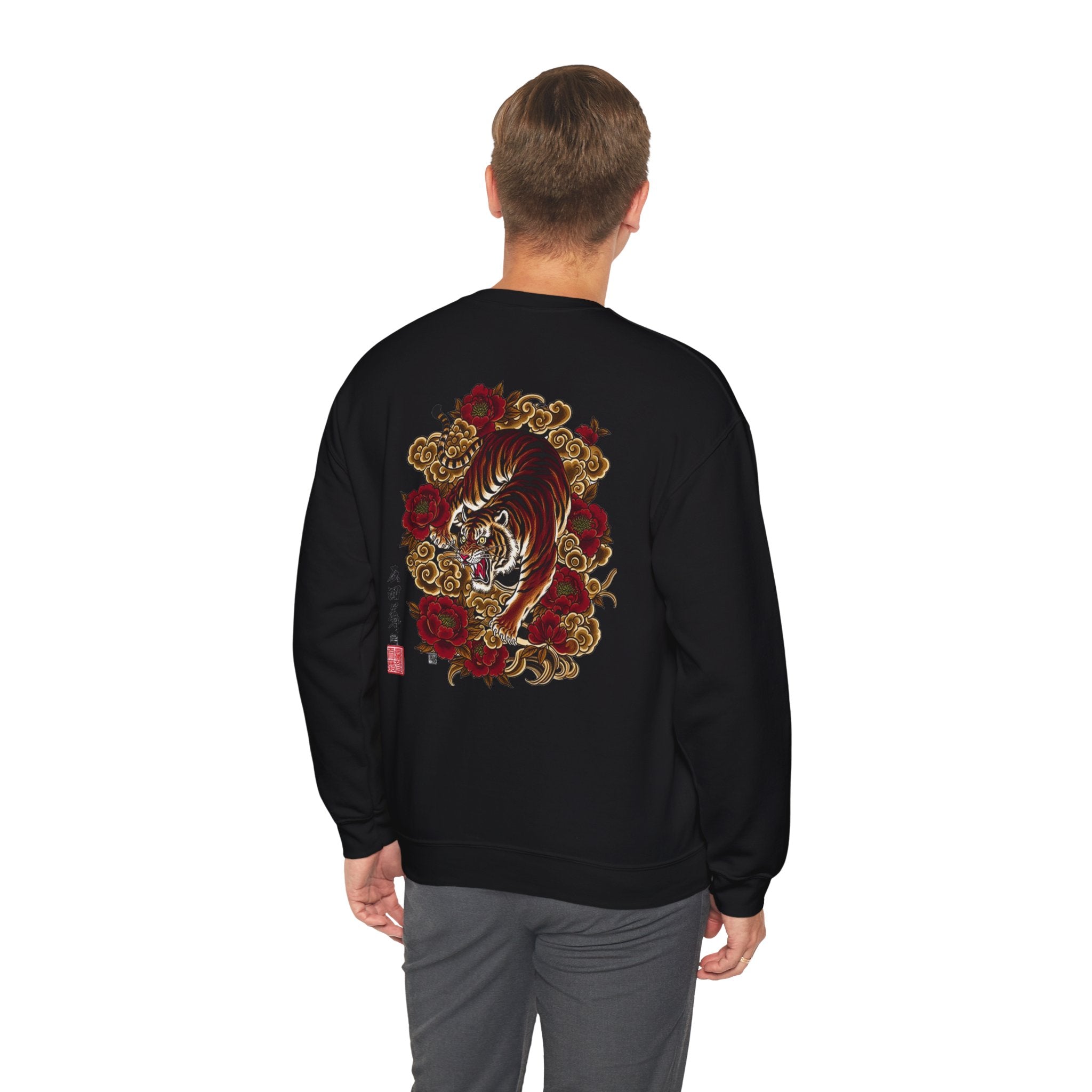 Tiger & Roses Crewneck Sweatshirt — Japanese Tattoo Style Back Graphic