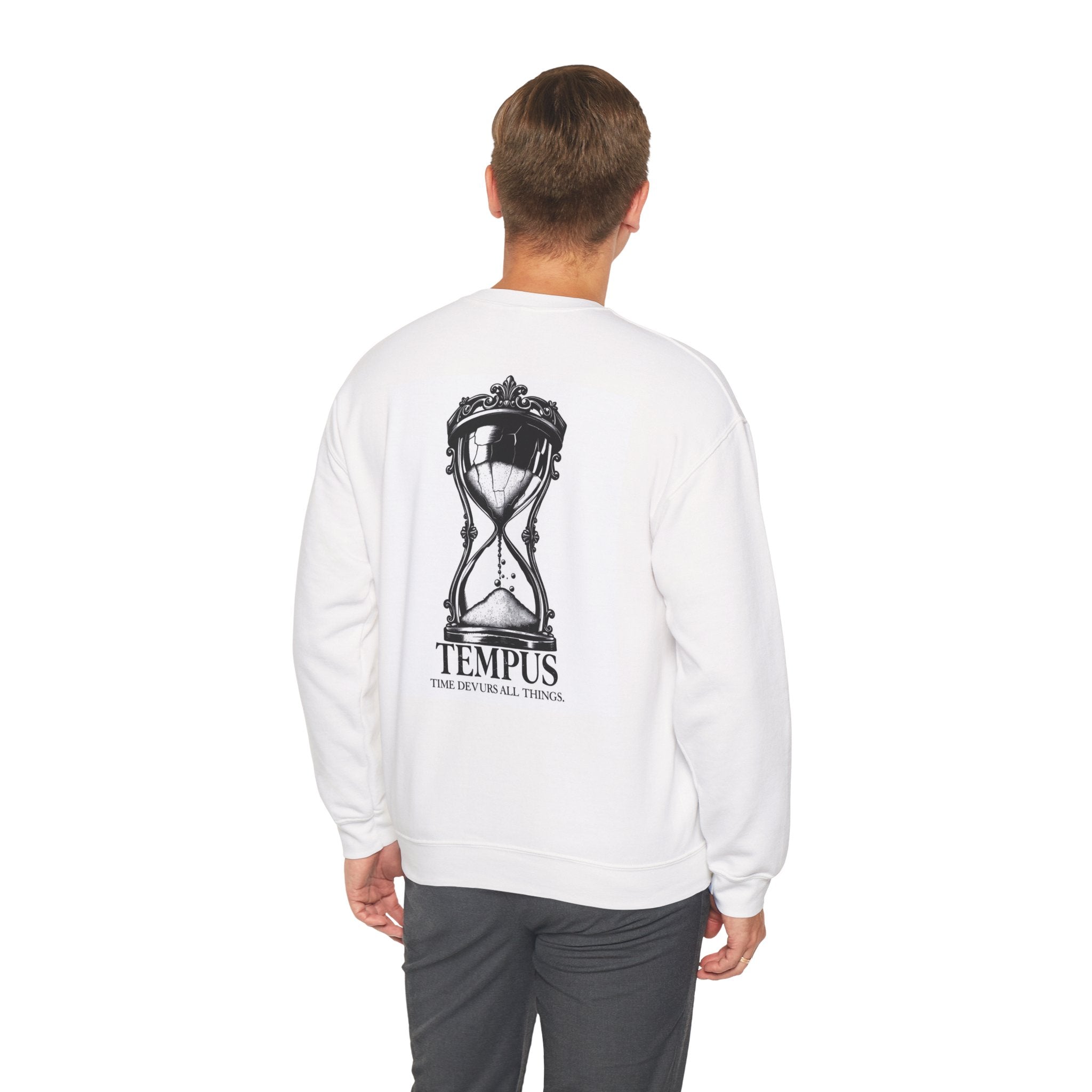 Tempus Hourglass Crewneck Sweatshirt — 'Time Devours All Things' Graphic