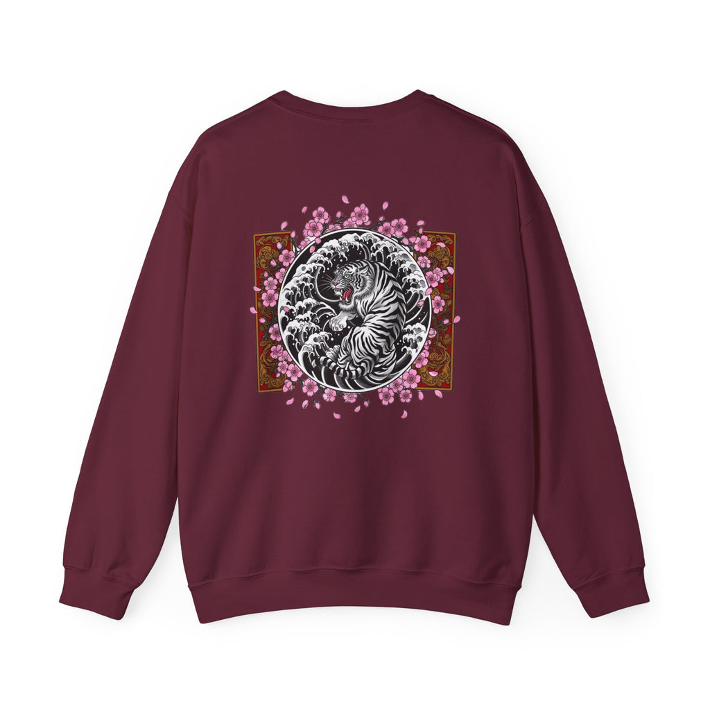 Crewneck Sweatshirt — Yin Yang Tiger with Cherry Blossoms Graphic