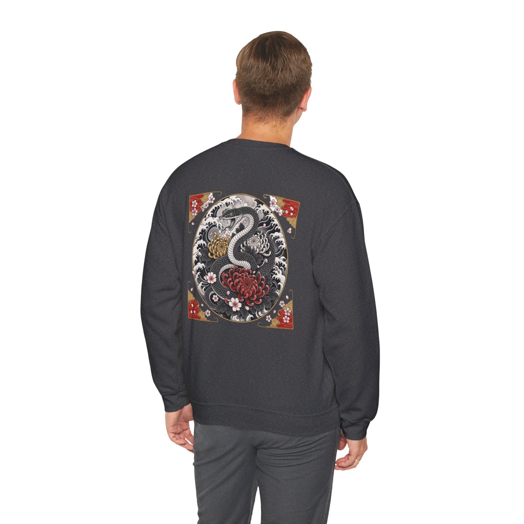 Dragon Circle Crewneck Sweatshirt — Asian-Inspired Snake & Floral Back Graphic