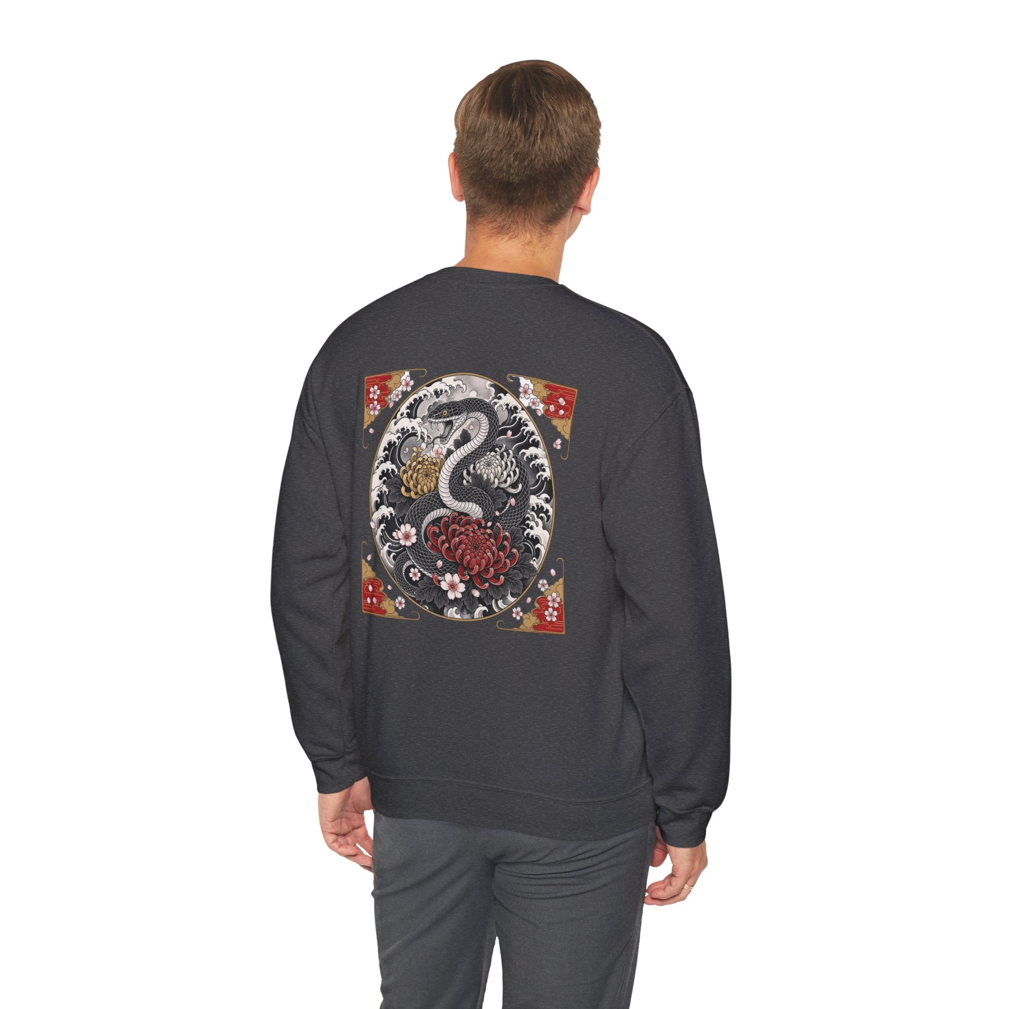 Dragon Circle Crewneck Sweatshirt — Asian-Inspired Snake & Floral Back Graphic