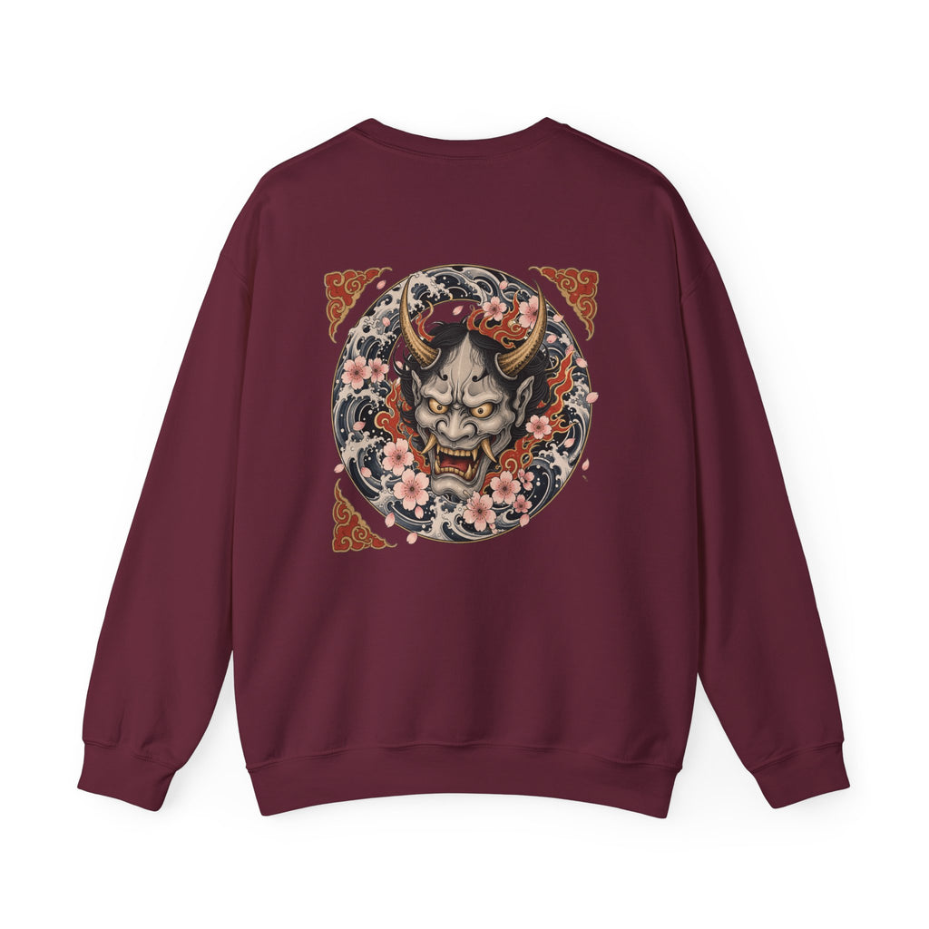 Hannya Mask Crewneck Sweatshirt — Japanese Demon Floral Back Print
