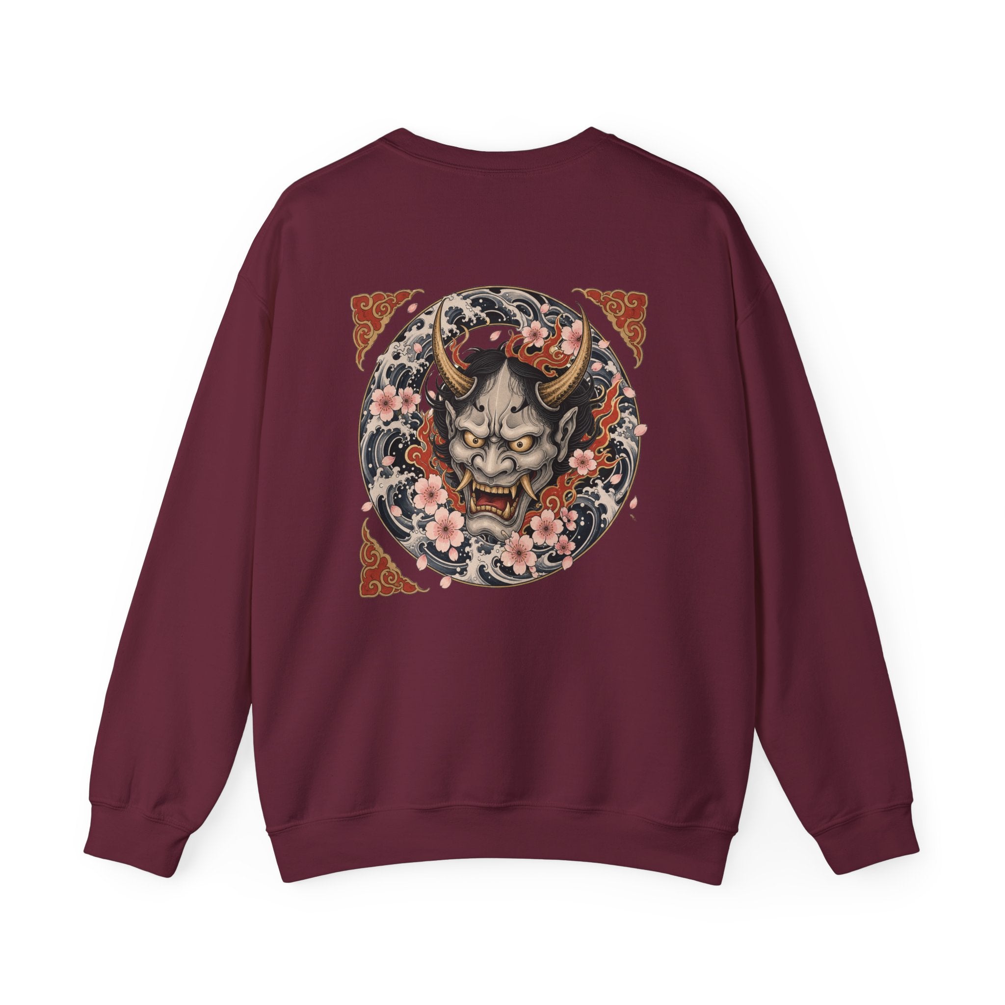 Hannya Mask Crewneck Sweatshirt — Japanese Demon Floral Back Print