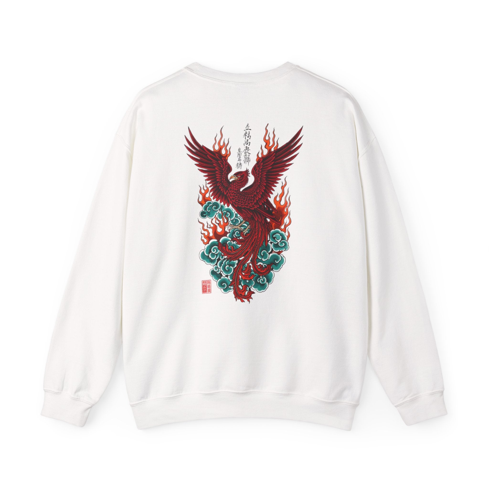Phoenix Rising Crewneck Sweatshirt — Japanese-style Flaming Phoenix Back Print