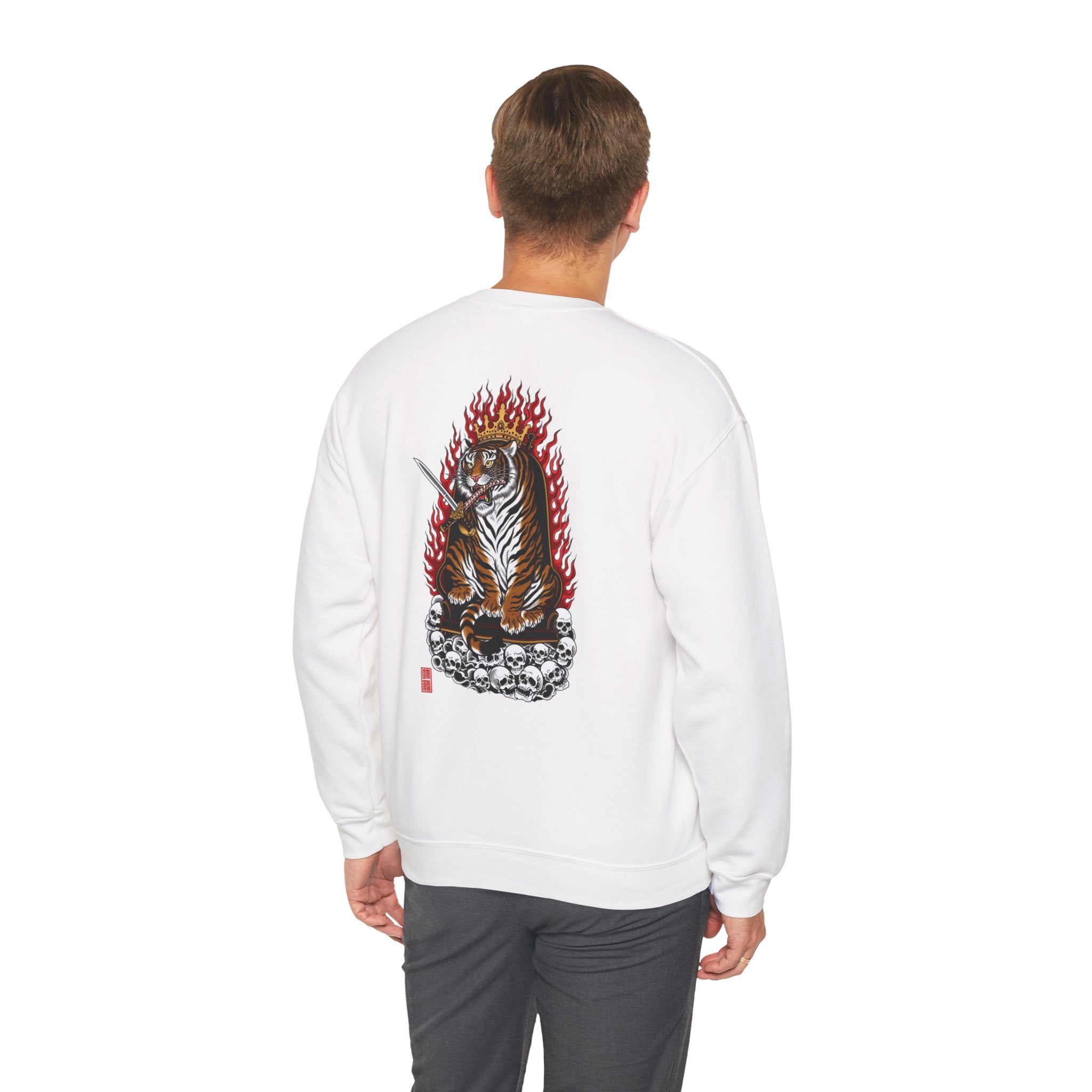 Tiger King Crewneck Sweatshirt — Flaming Tiger on Skulls Graphic