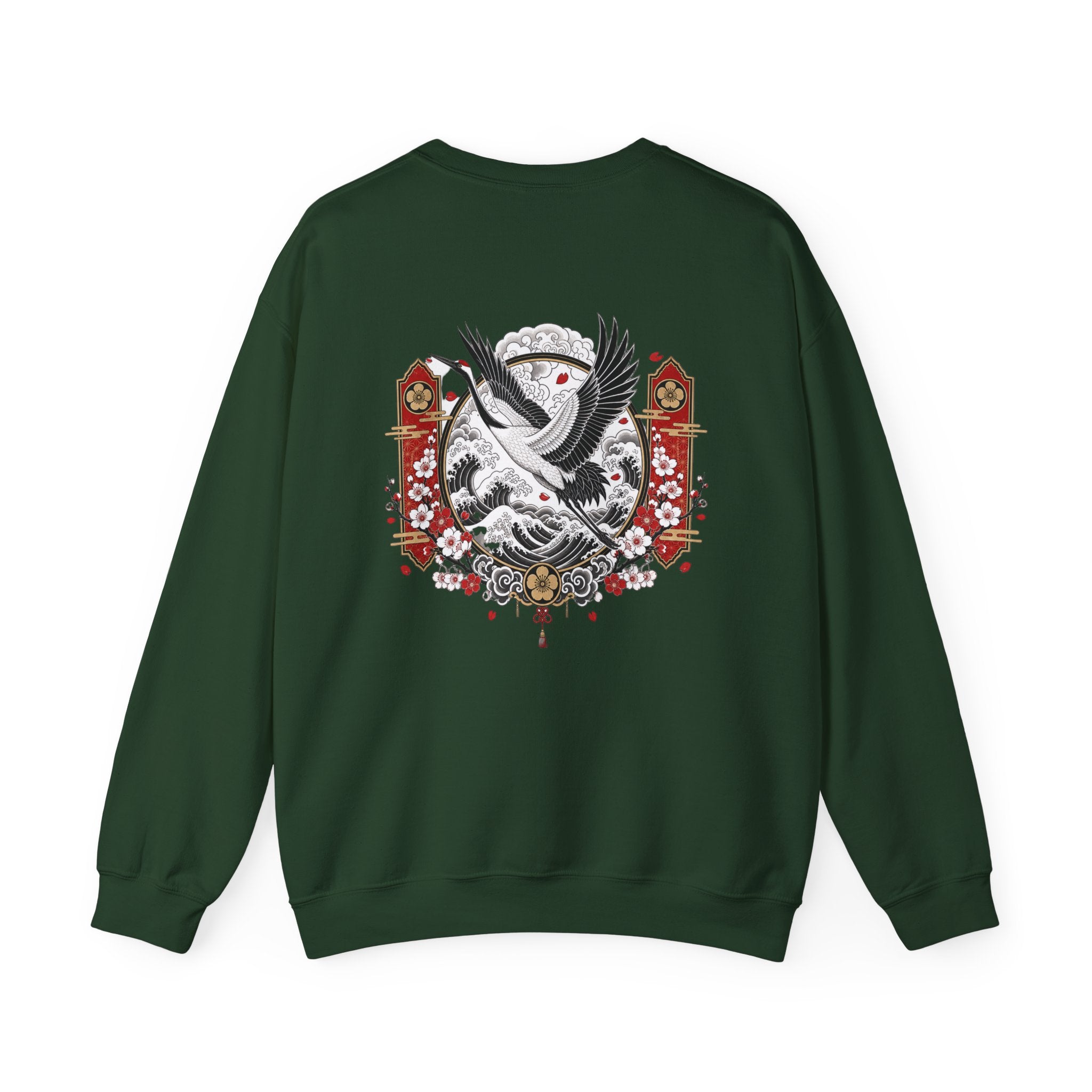 Crane Moon Crewneck Sweatshirt — Japanese-Inspired Crane & Moon Back Graphic