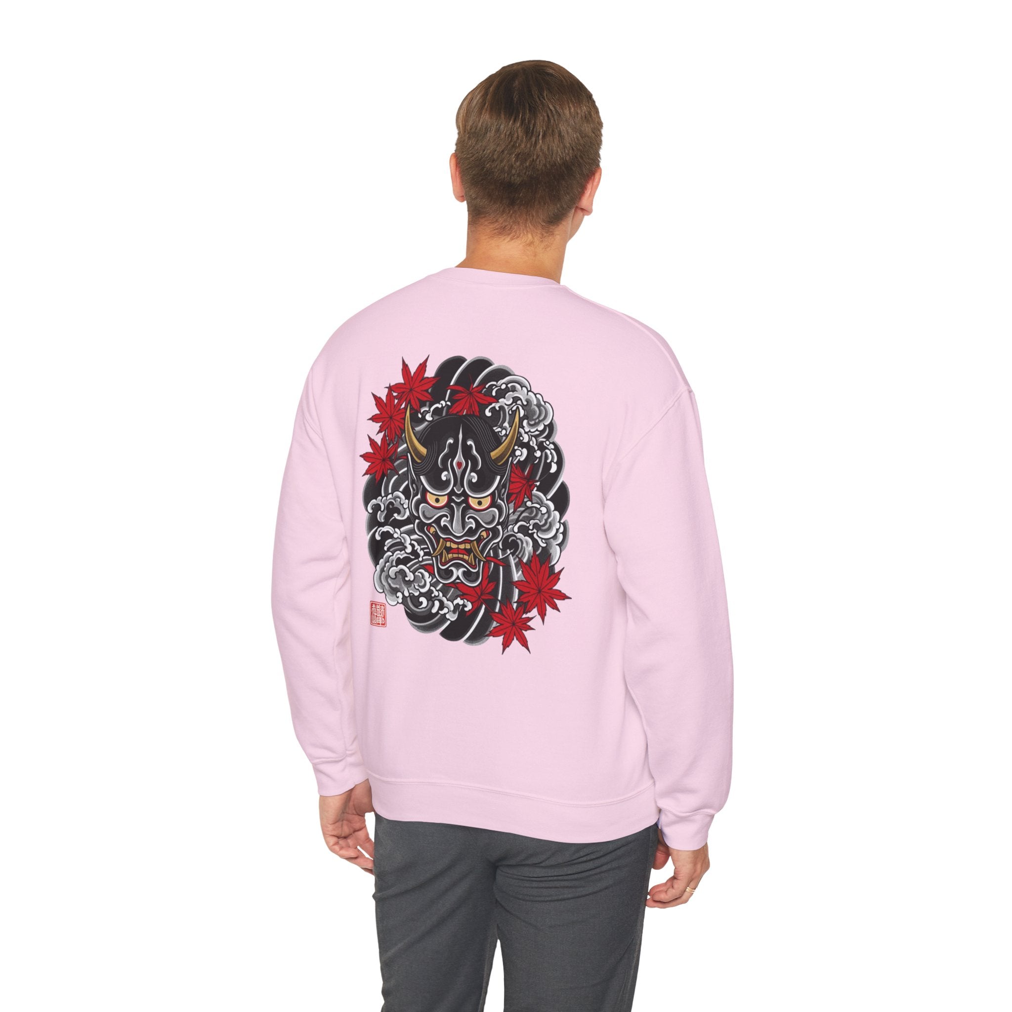 Hannya Demon Crewneck Sweatshirt — Japanese Mask & Maple Leaf Graphic