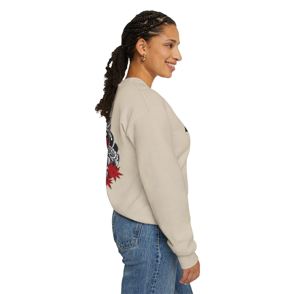 Hannya Demon Crewneck Sweatshirt — Japanese Mask & Maple Leaf Graphic