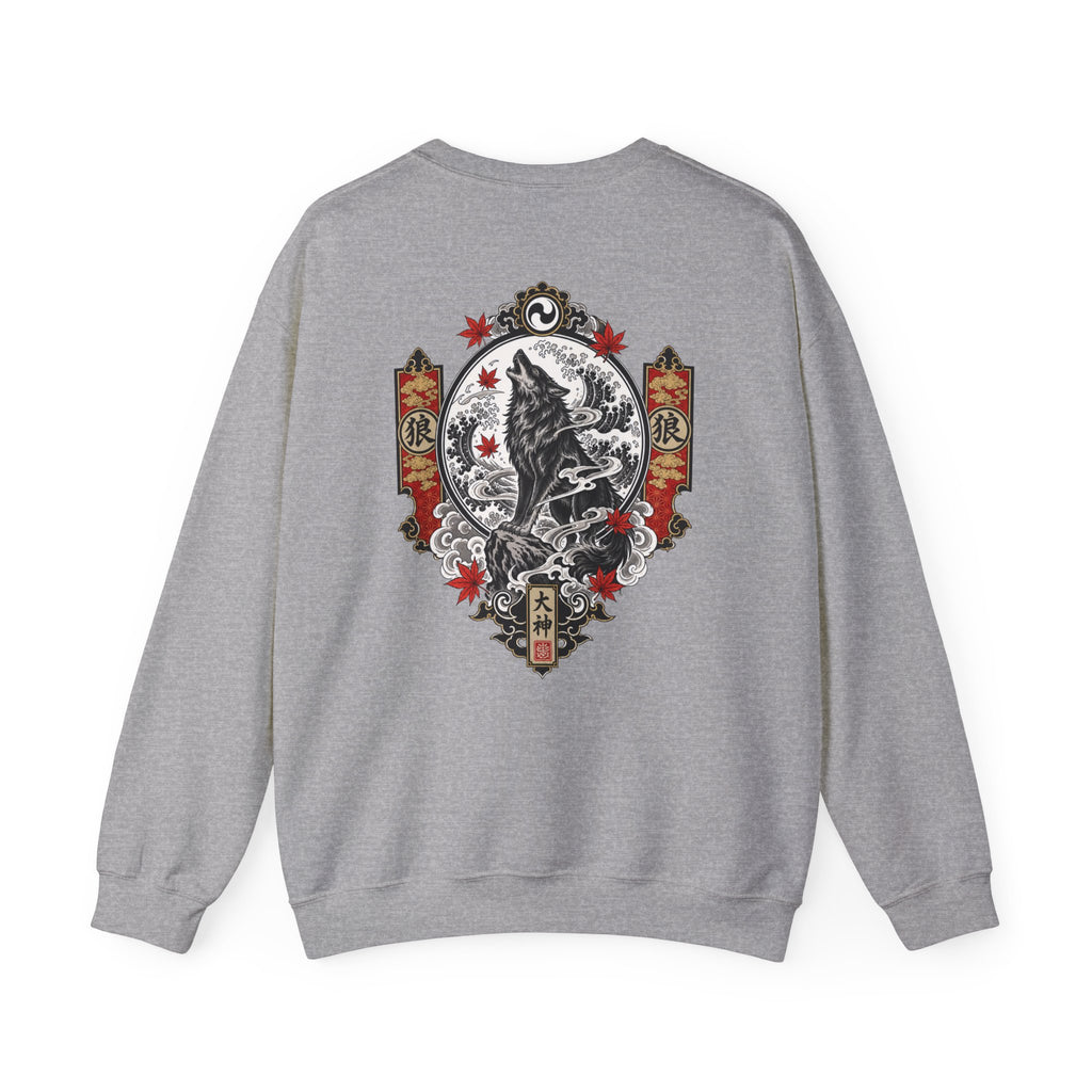 Wolf Crest Crewneck Sweatshirt — Japanese-Inspired Howling Wolf Design