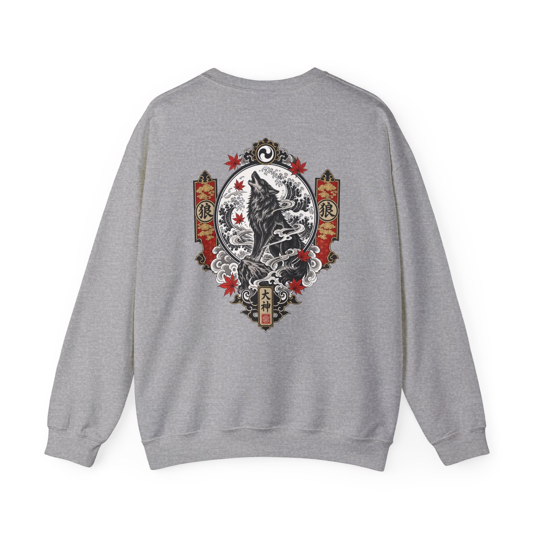 Wolf Crest Crewneck Sweatshirt — Japanese-Inspired Howling Wolf Design