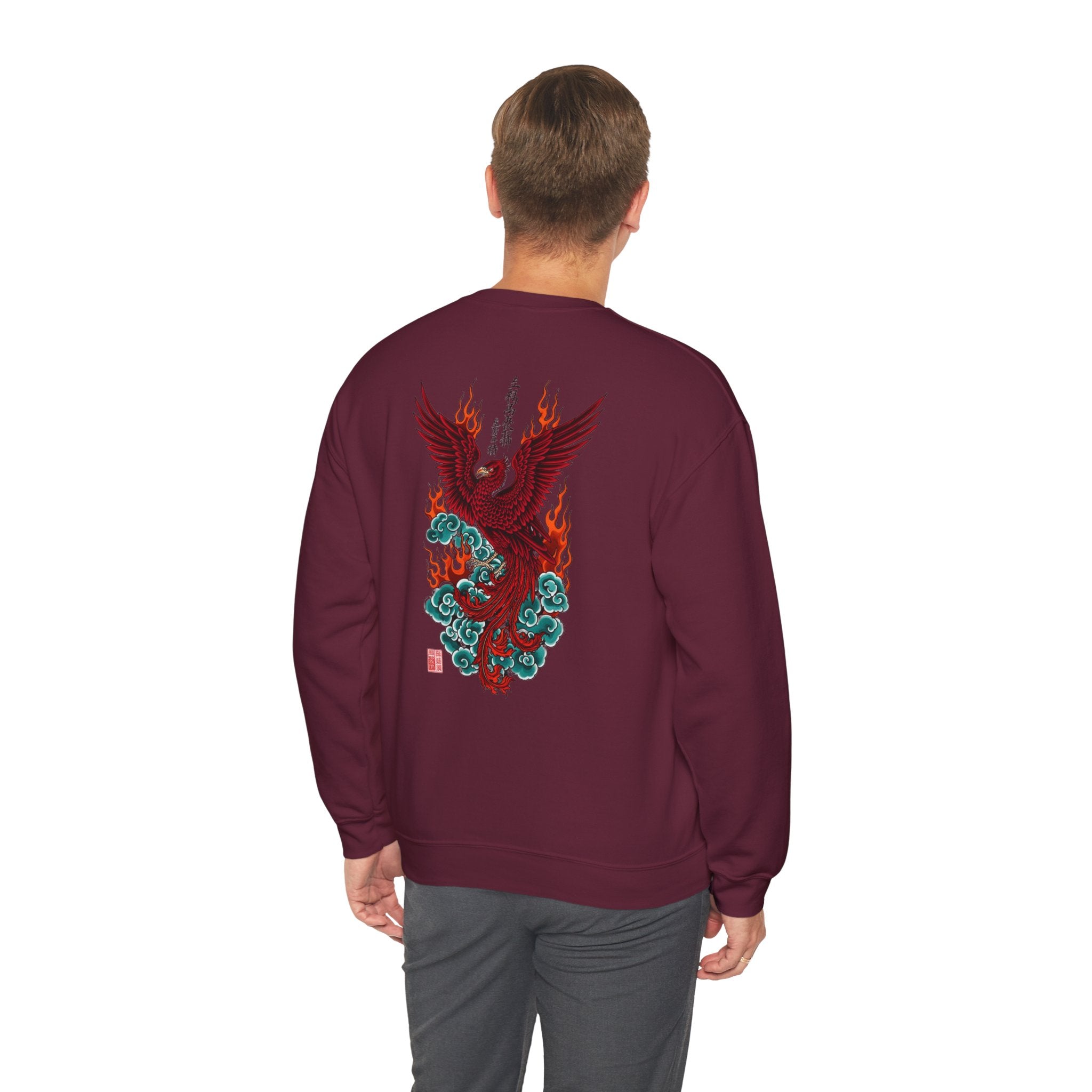 Phoenix Rising Crewneck Sweatshirt — Japanese-style Flaming Phoenix Back Print