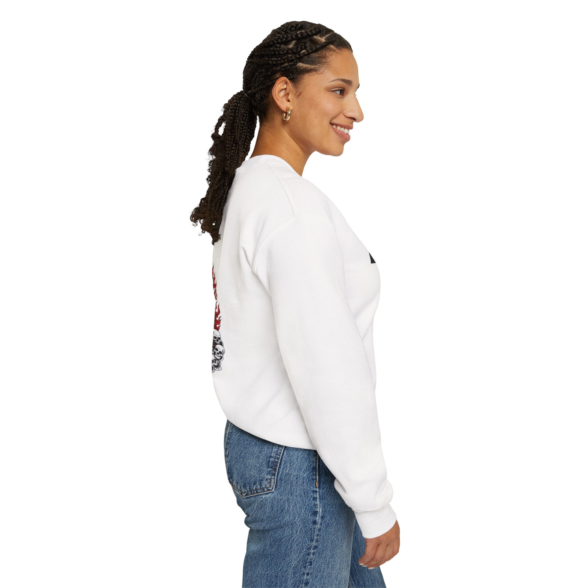 Tiger King Crewneck Sweatshirt — Flaming Tiger on Skulls Graphic