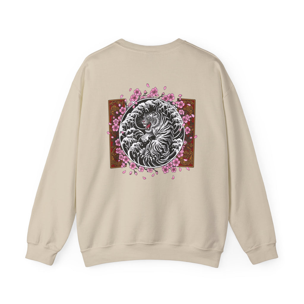 Crewneck Sweatshirt — Yin Yang Tiger with Cherry Blossoms Graphic
