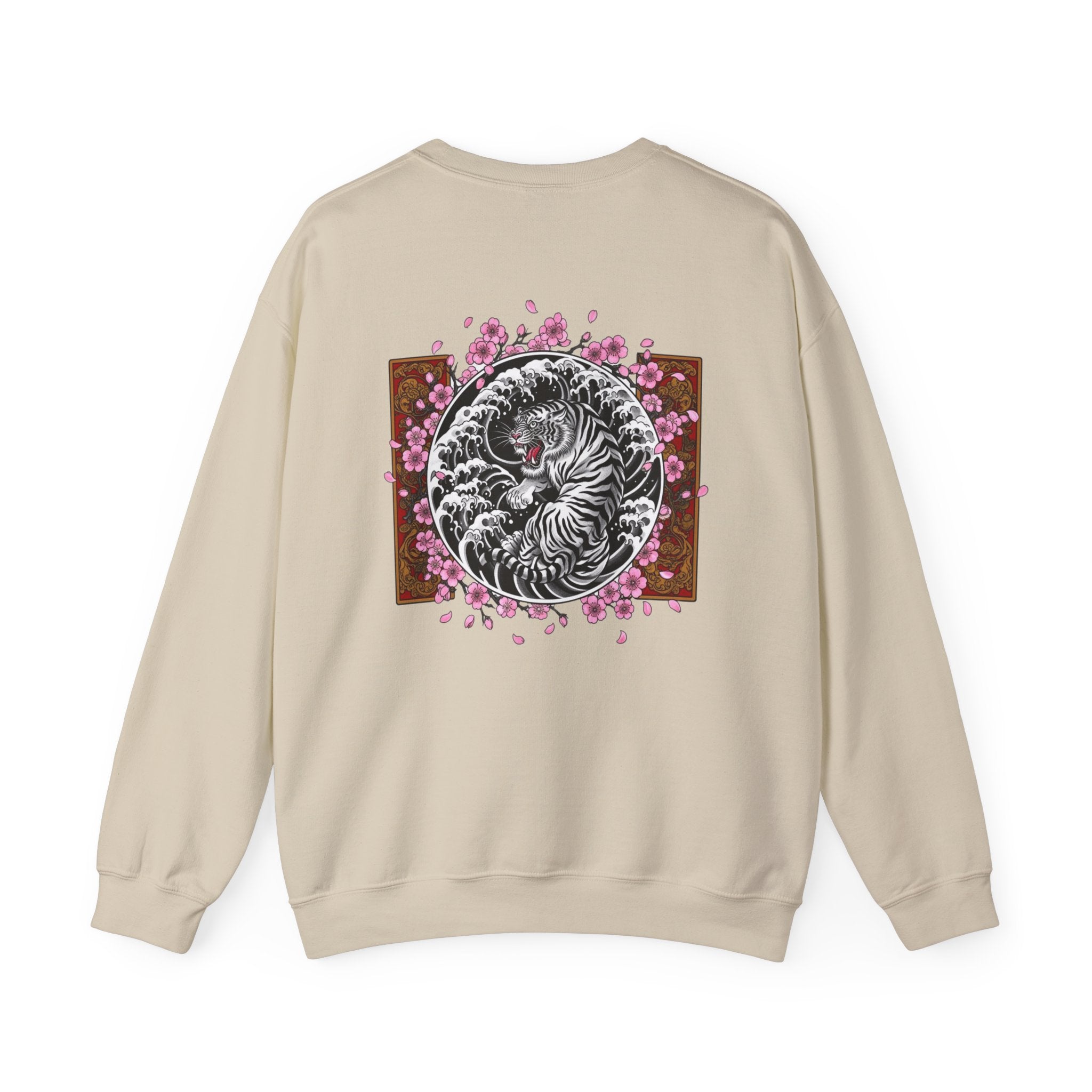 Crewneck Sweatshirt — Yin Yang Tiger with Cherry Blossoms Graphic