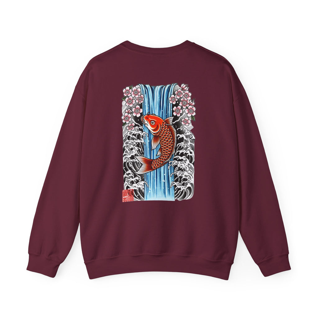 Koi Waterfall Crewneck Sweatshirt — Japanese Koi & Cherry Blossom Back Graphic