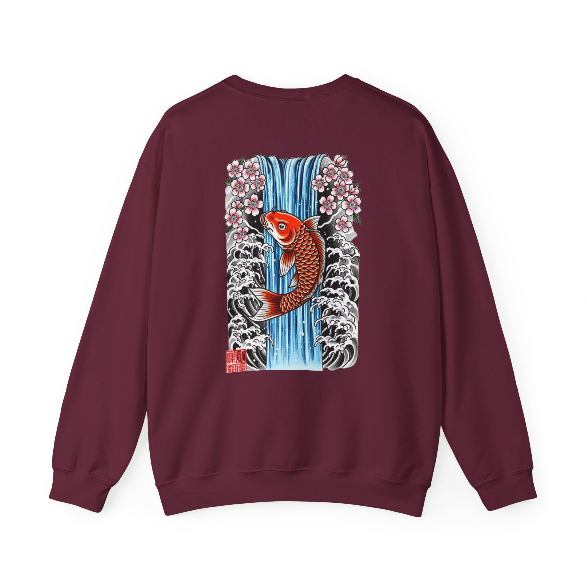Koi Waterfall Crewneck Sweatshirt — Japanese Koi & Cherry Blossom Back Graphic