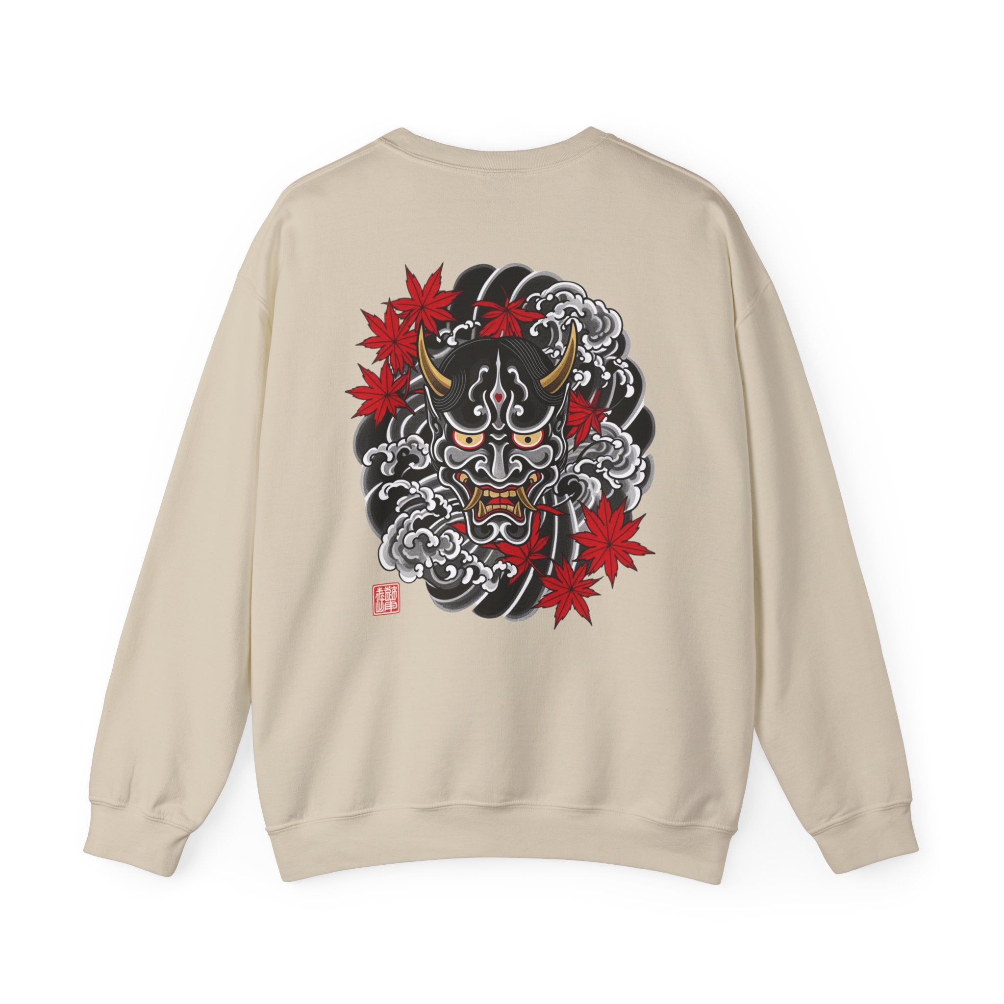Hannya Demon Crewneck Sweatshirt — Japanese Mask & Maple Leaf Graphic