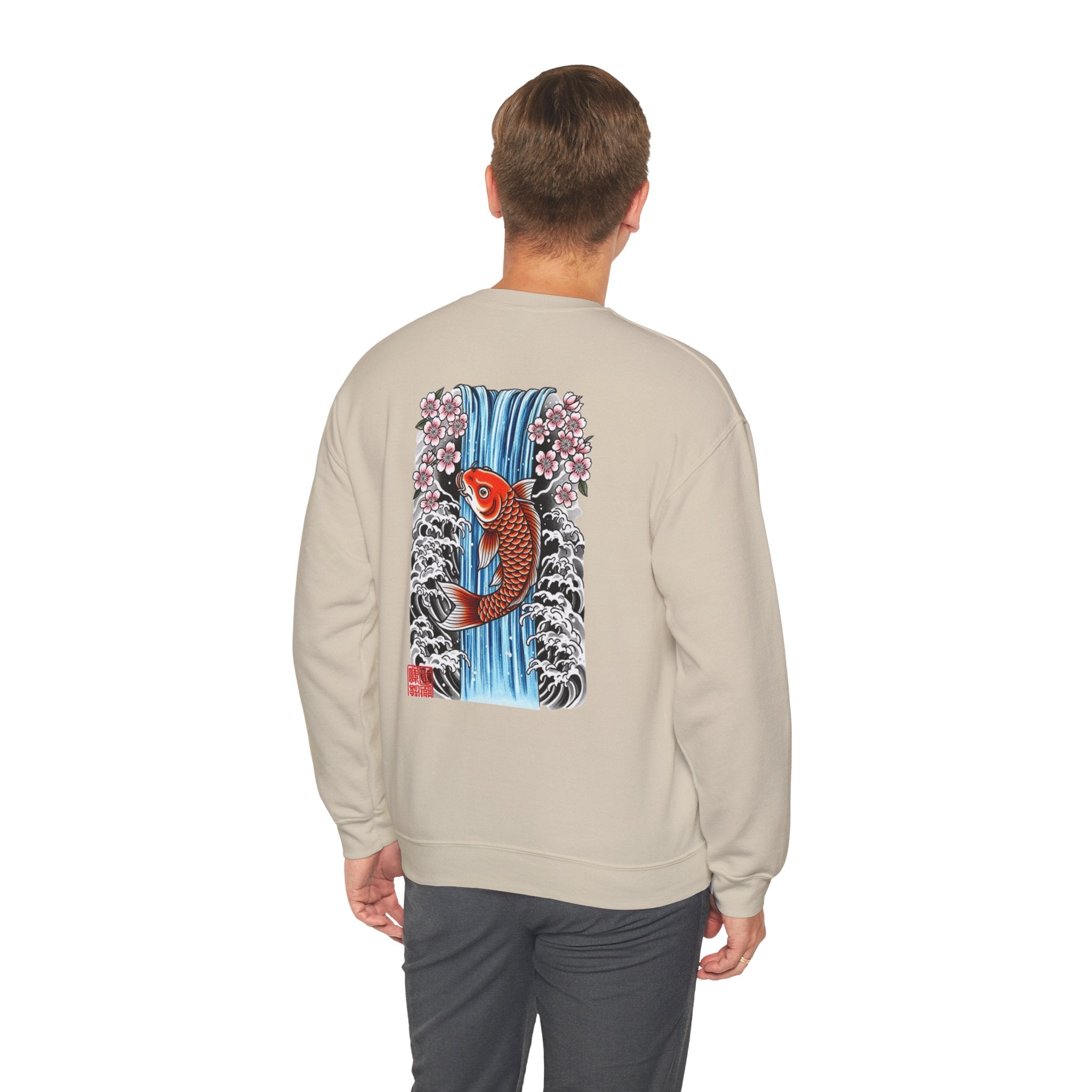 Koi Waterfall Crewneck Sweatshirt — Japanese Koi & Cherry Blossom Back Graphic