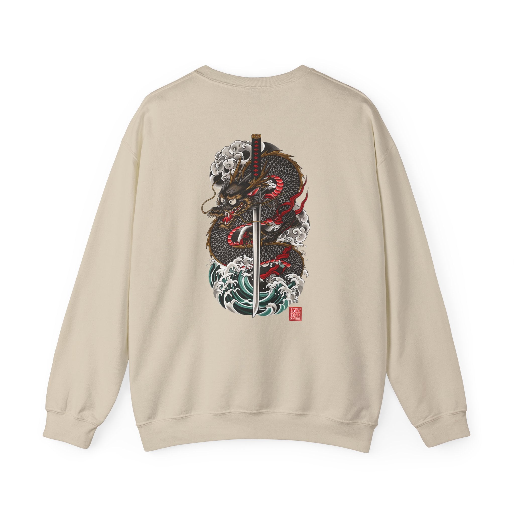 Dragon Sword Crewneck Sweatshirt — Japanese Wave Tattoo Style