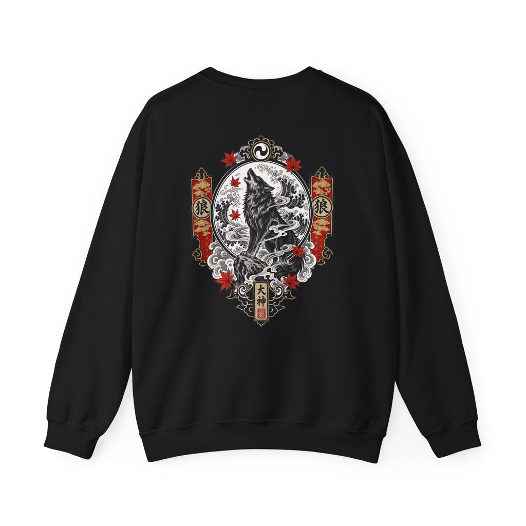 Wolf Crest Crewneck Sweatshirt — Japanese-Inspired Howling Wolf Design