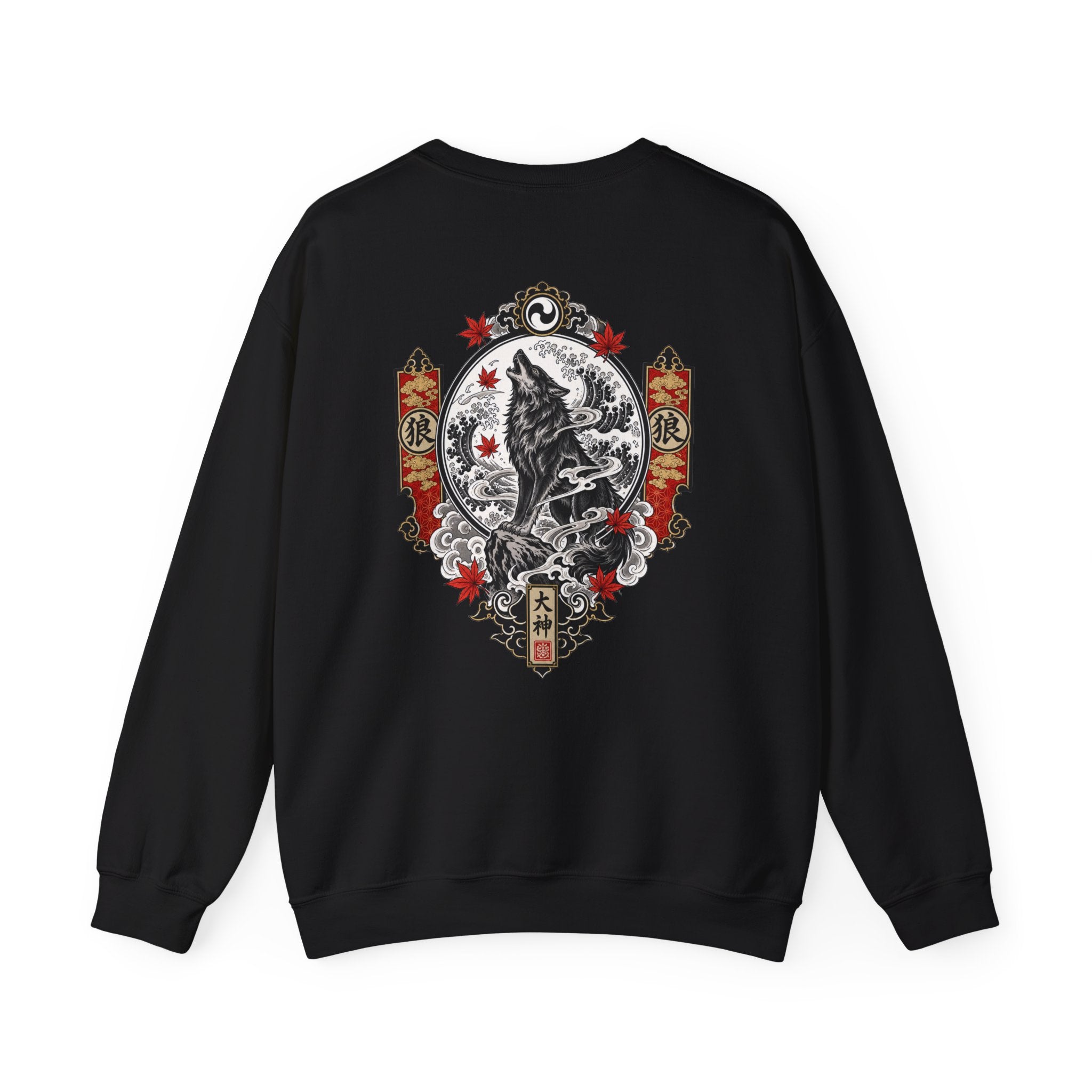 Wolf Crest Crewneck Sweatshirt — Japanese-Inspired Howling Wolf Design
