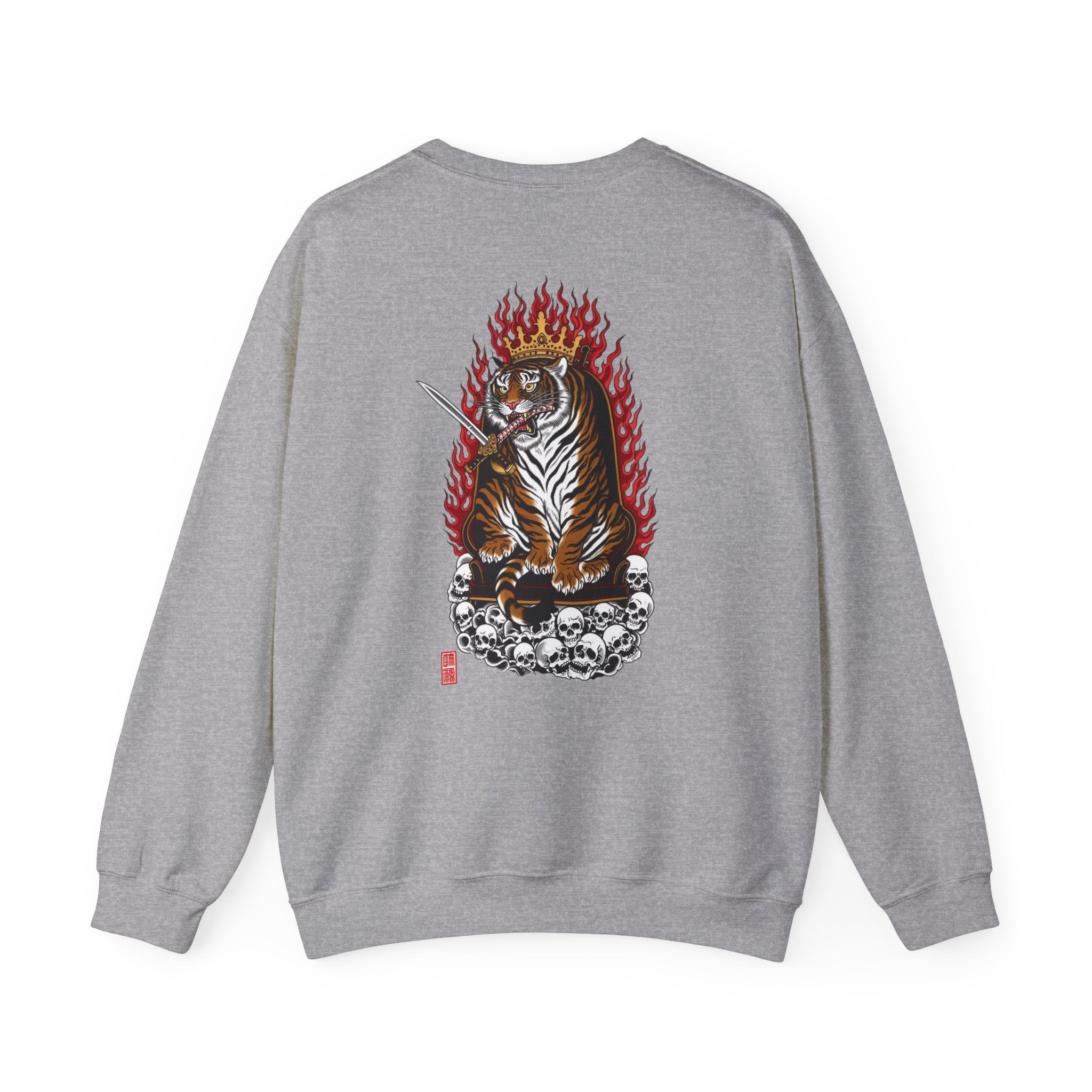 Tiger King Crewneck Sweatshirt — Flaming Tiger on Skulls Graphic