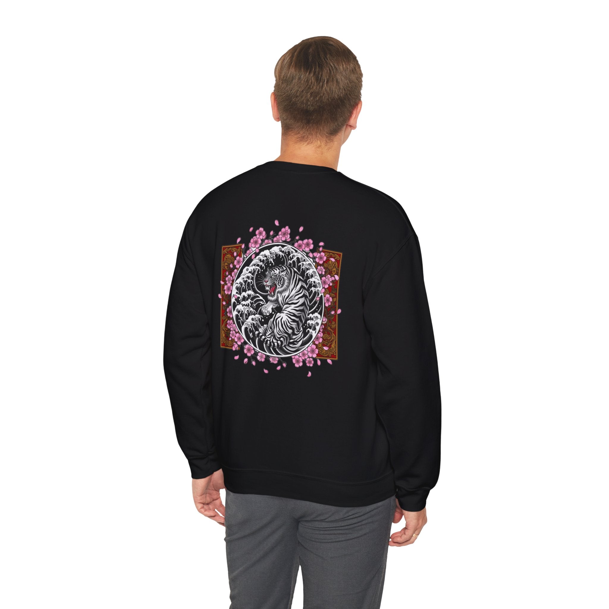 Crewneck Sweatshirt — Yin Yang Tiger with Cherry Blossoms Graphic