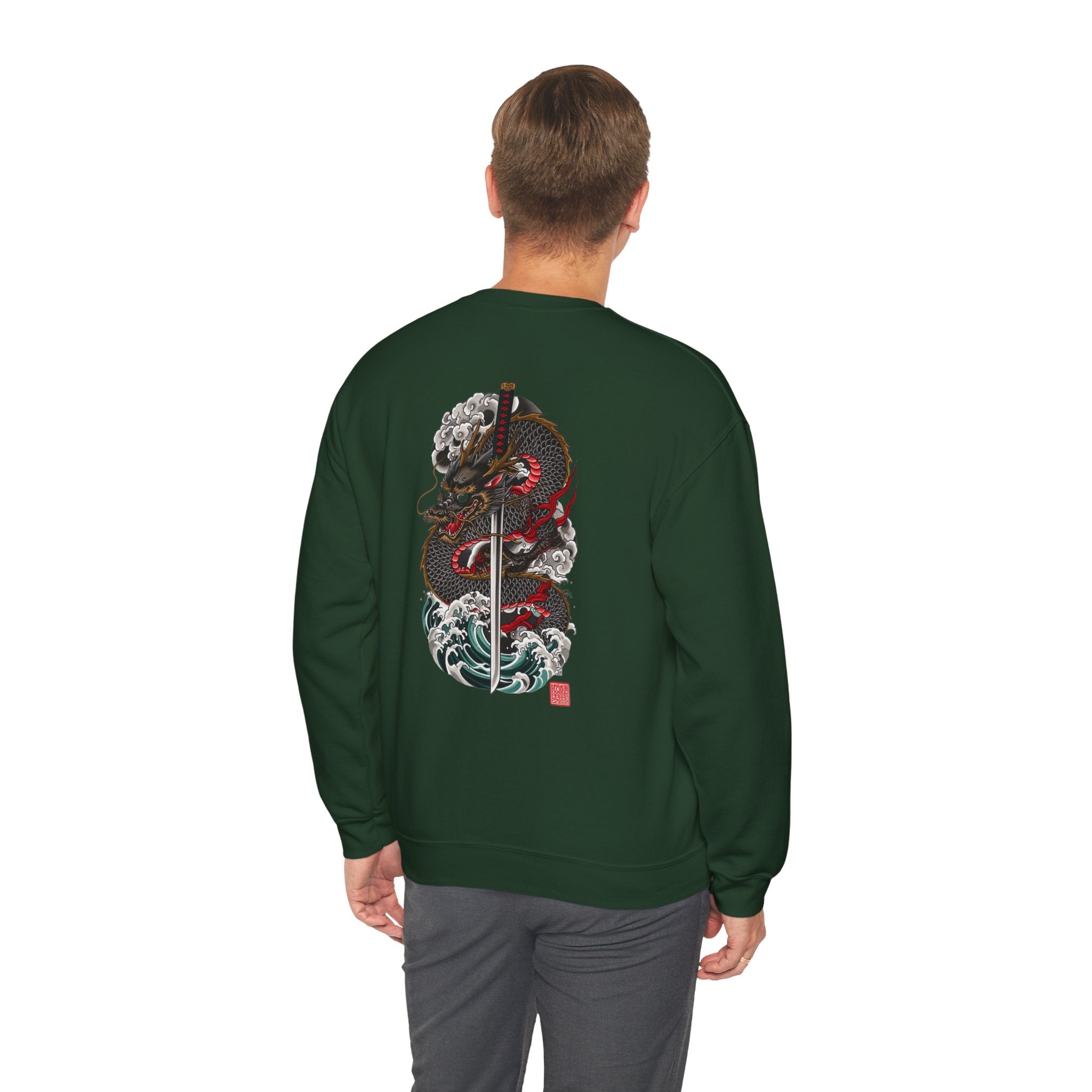 Dragon Sword Crewneck Sweatshirt — Japanese Wave Tattoo Style