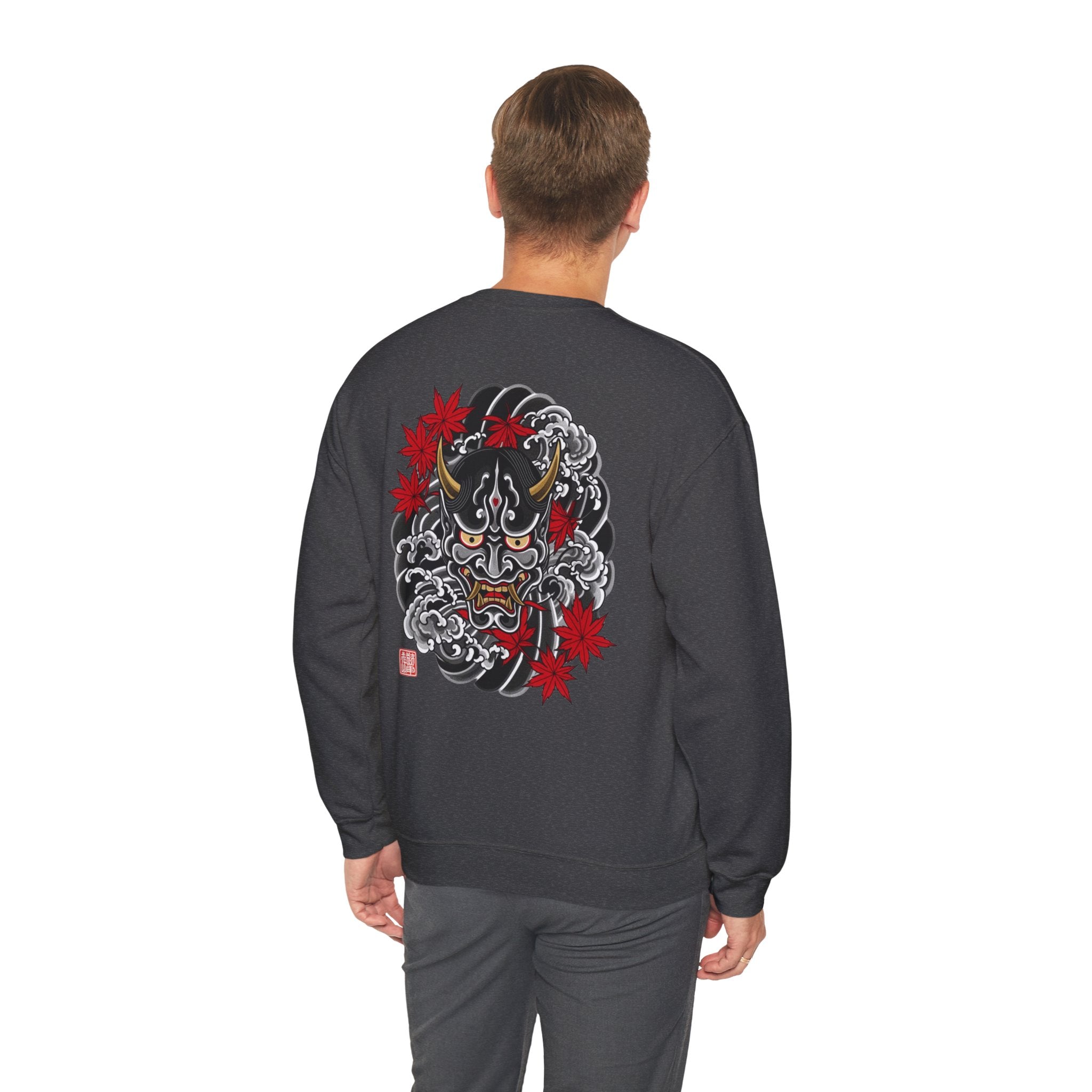 Hannya Demon Crewneck Sweatshirt — Japanese Mask & Maple Leaf Graphic