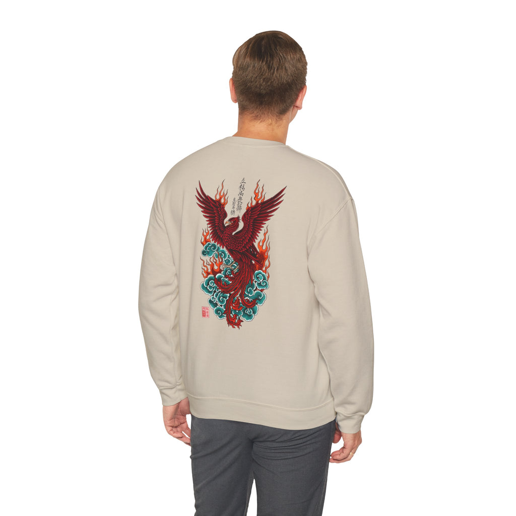 Phoenix Rising Crewneck Sweatshirt — Japanese-style Flaming Phoenix Back Print