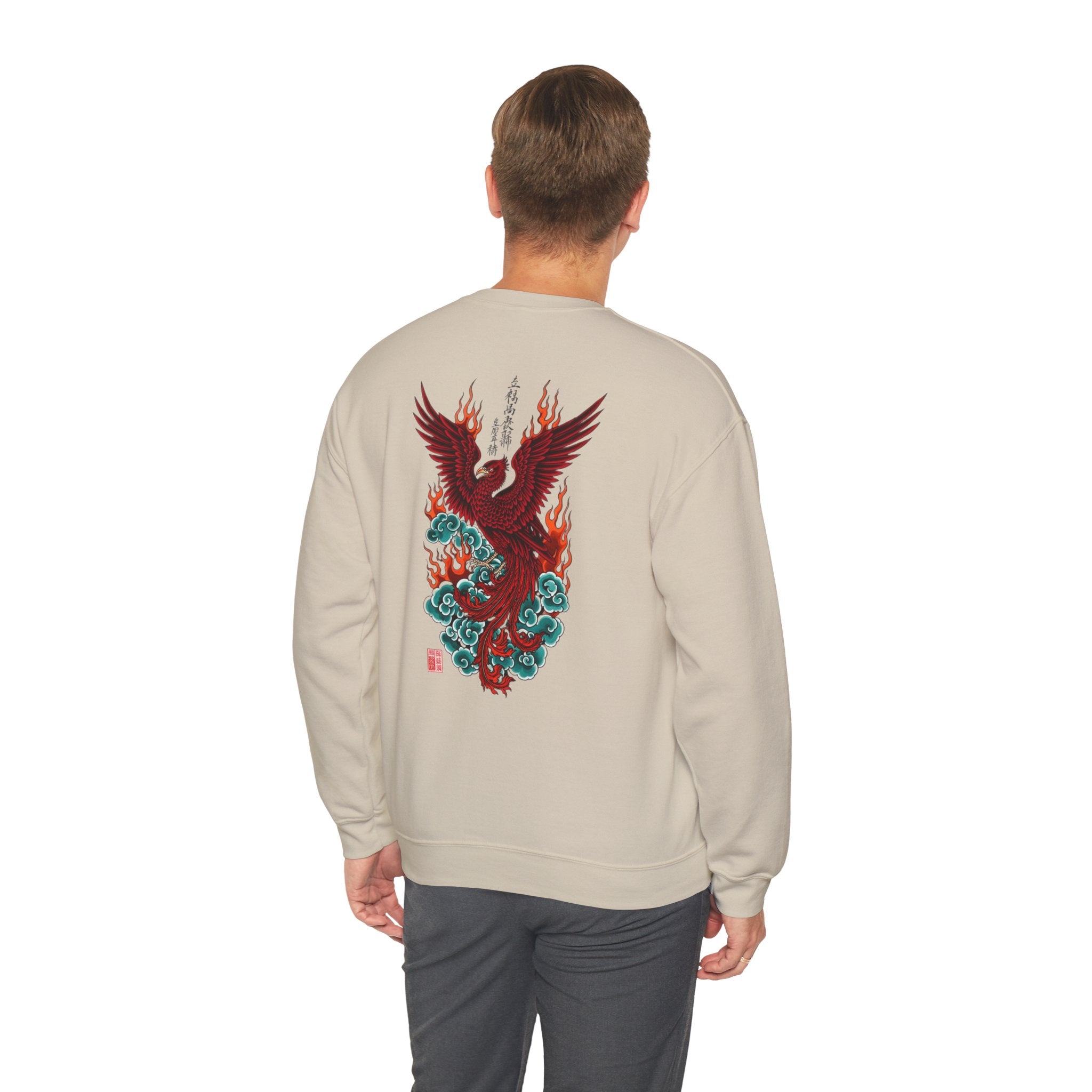 Phoenix Rising Crewneck Sweatshirt — Japanese-style Flaming Phoenix Back Print