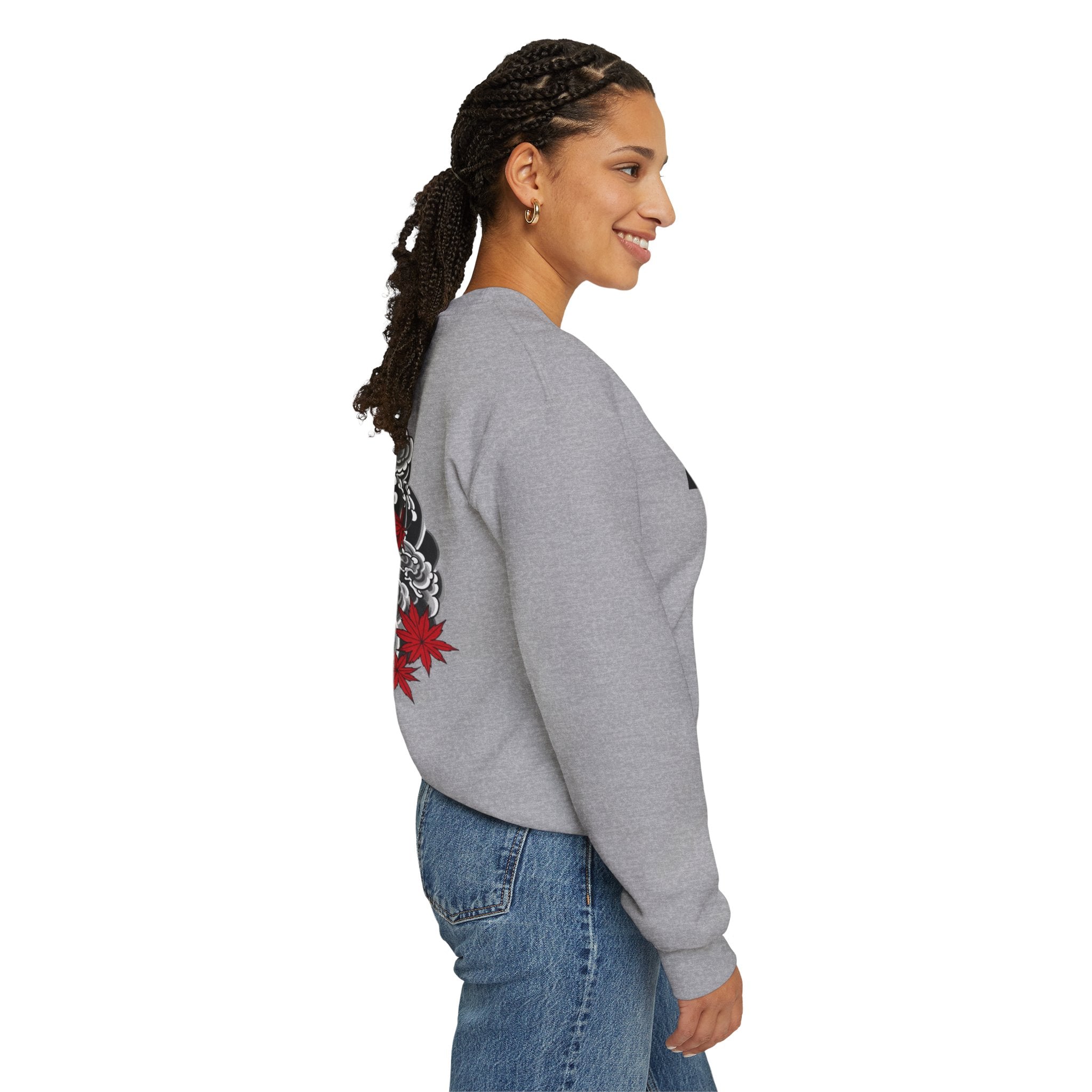 Hannya Demon Crewneck Sweatshirt — Japanese Mask & Maple Leaf Graphic