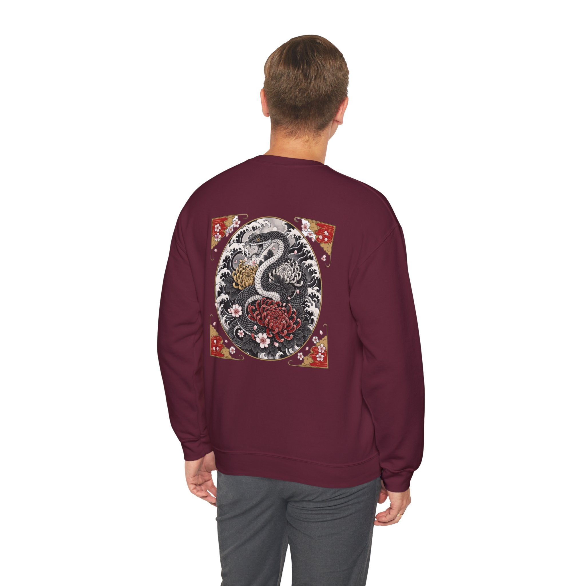 Dragon Circle Crewneck Sweatshirt — Asian-Inspired Snake & Floral Back Graphic