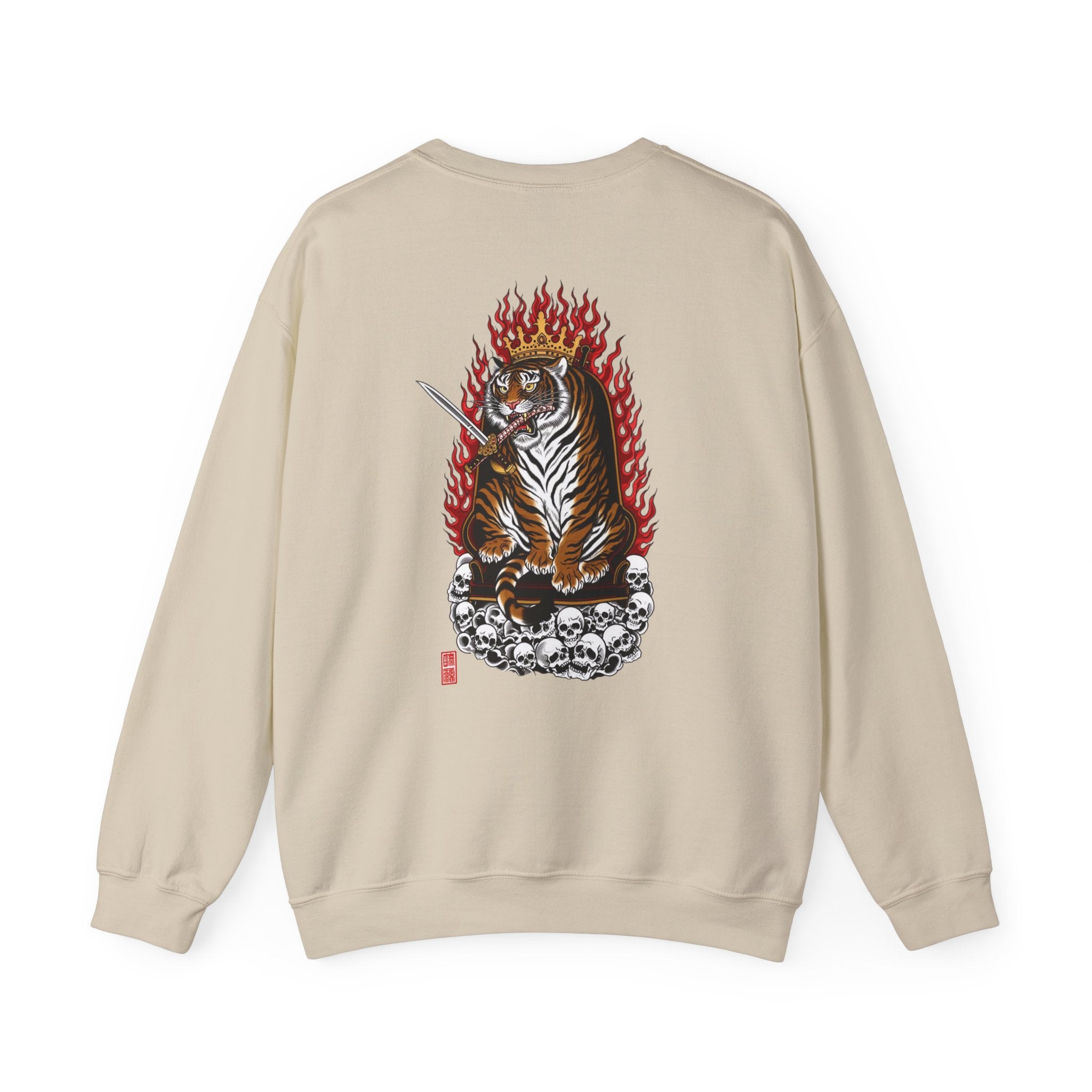 Tiger King Crewneck Sweatshirt — Flaming Tiger on Skulls Graphic