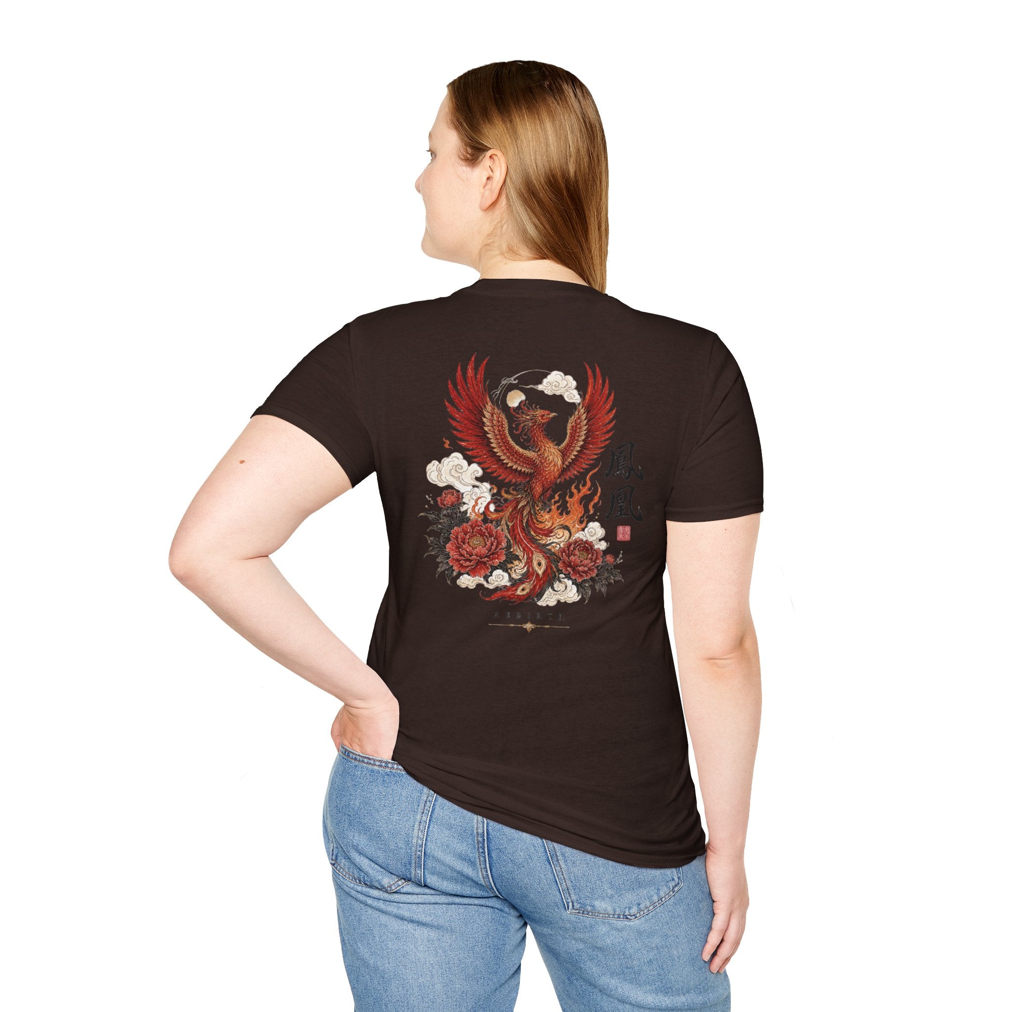 Phoenix Floral T-Shirt — Rising Phoenix Graphic Tee with Asian Calligraphy