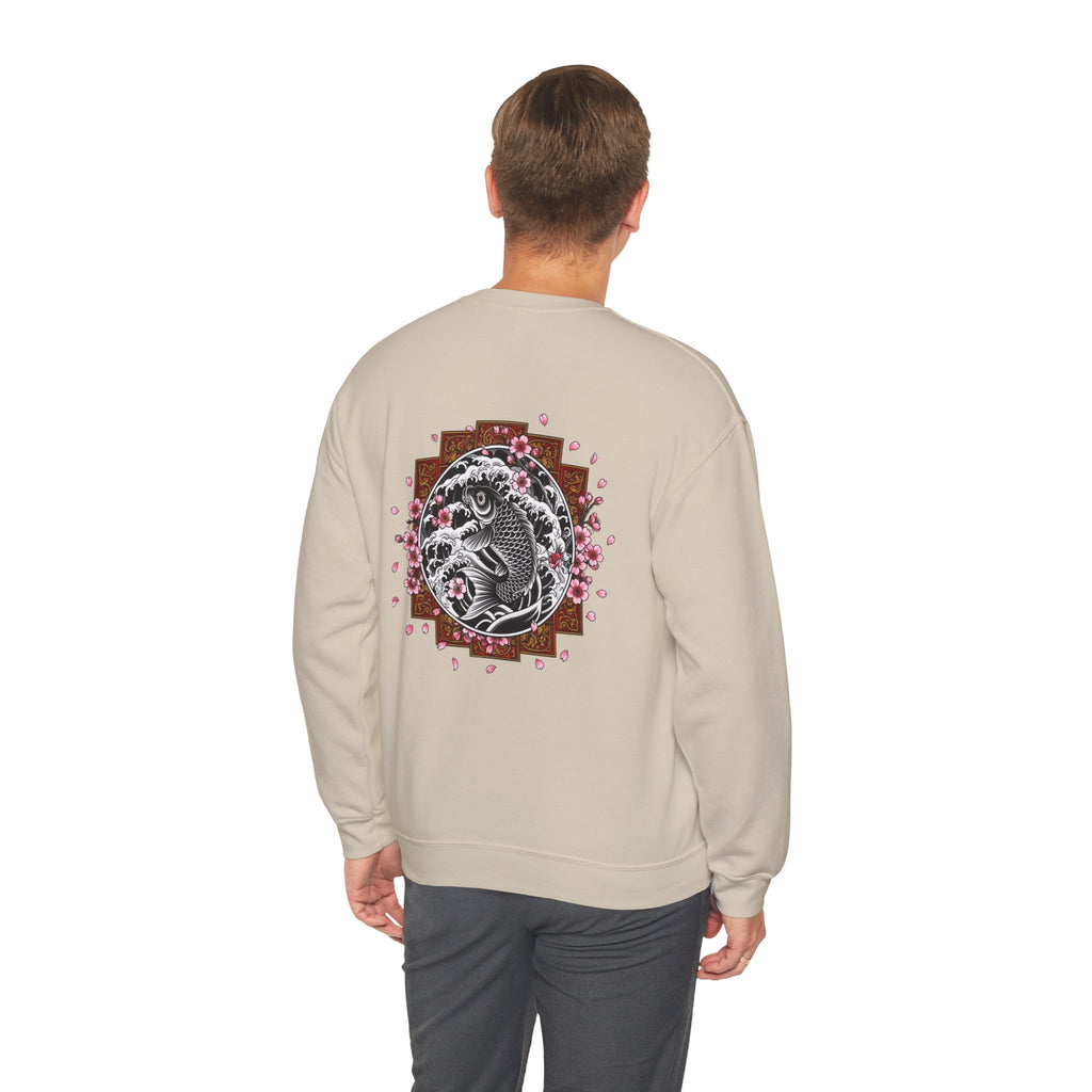 Crewneck Sweatshirt — Koi Fish Cherry Blossom Graphic Back, Minimal Front Logo