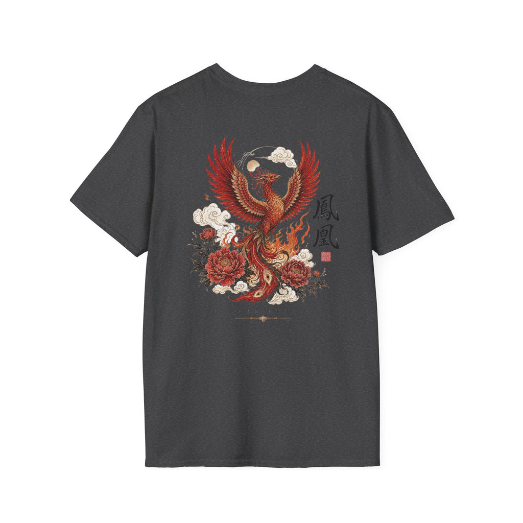 Phoenix Floral T-Shirt — Rising Phoenix Graphic Tee with Asian Calligraphy