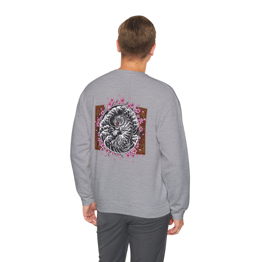 Crewneck Sweatshirt — Yin Yang Tiger with Cherry Blossoms Graphic